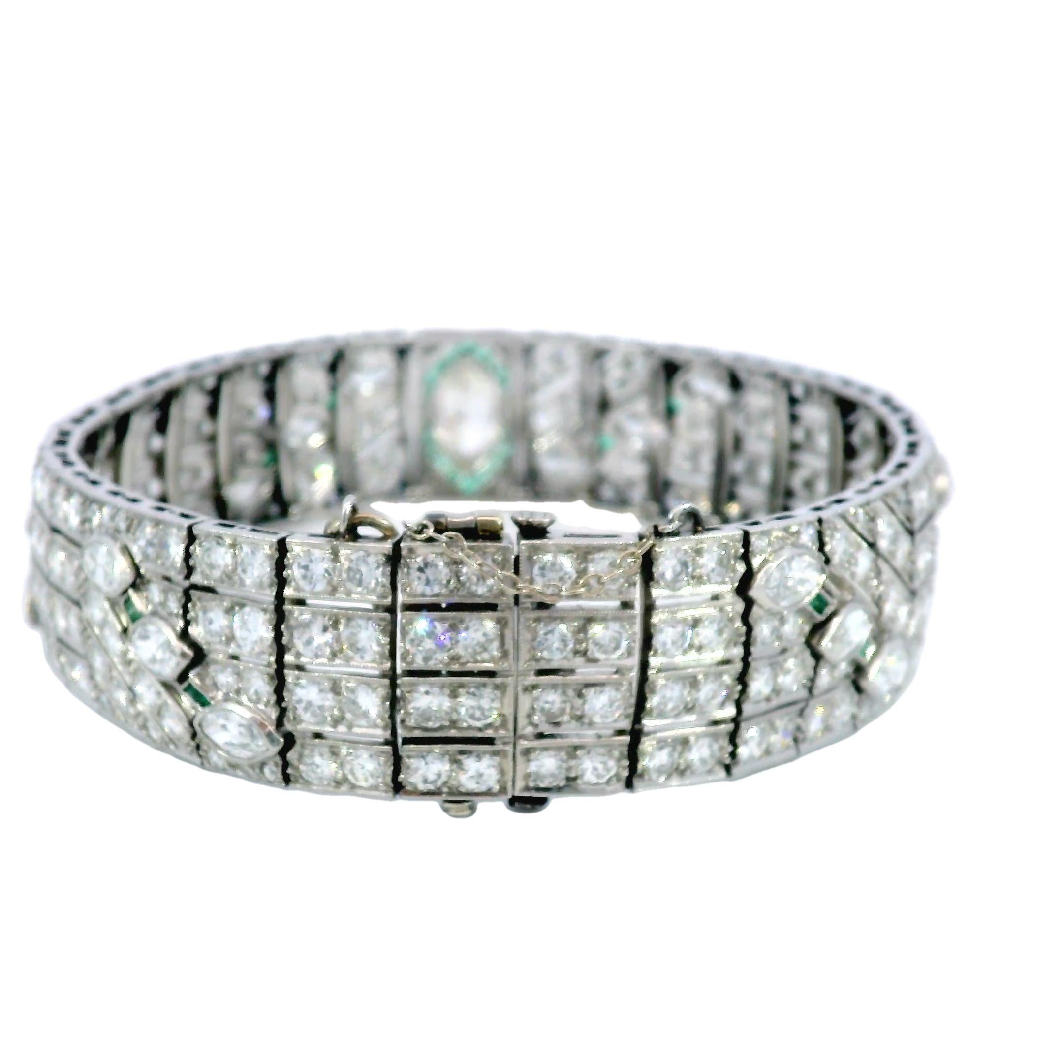 Mixed Cut Art Deco Diamond Straight Line Bracelet Platinum With Emerald Accents ~16.87ctw