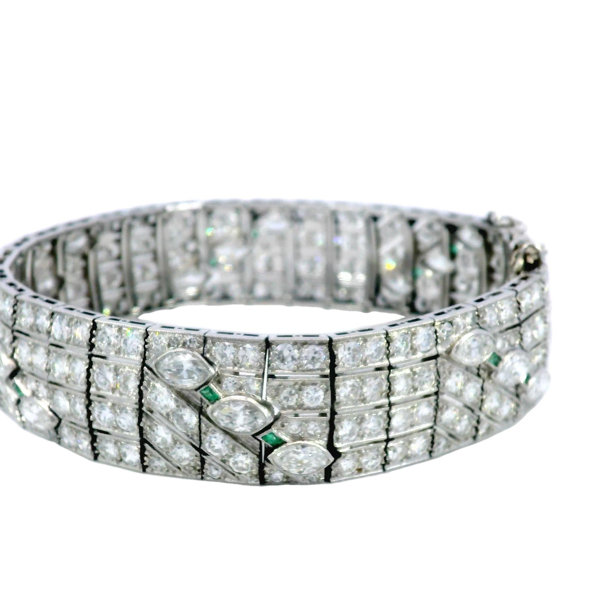 Art Deco Diamond Straight Line Bracelet Platinum With Emerald Accents ~16.87ctw In Excellent Condition In Fairfield, CT