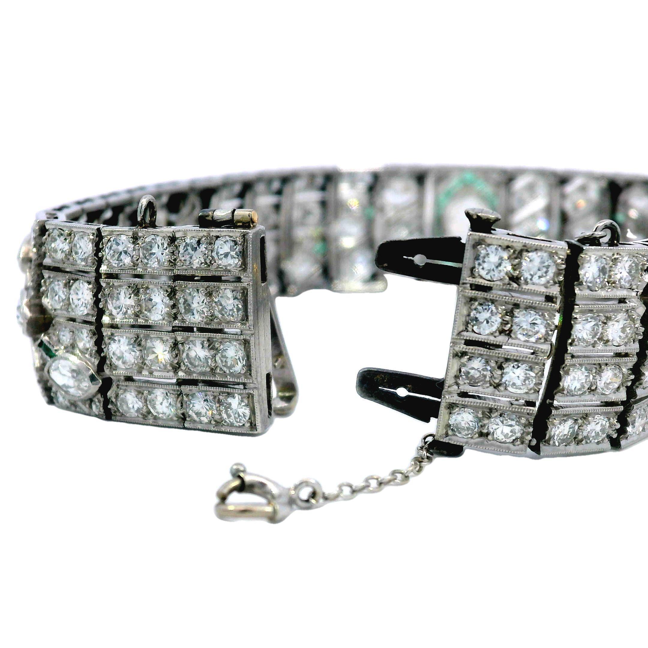 Women's Art Deco Diamond Straight Line Bracelet Platinum With Emerald Accents ~16.87ctw