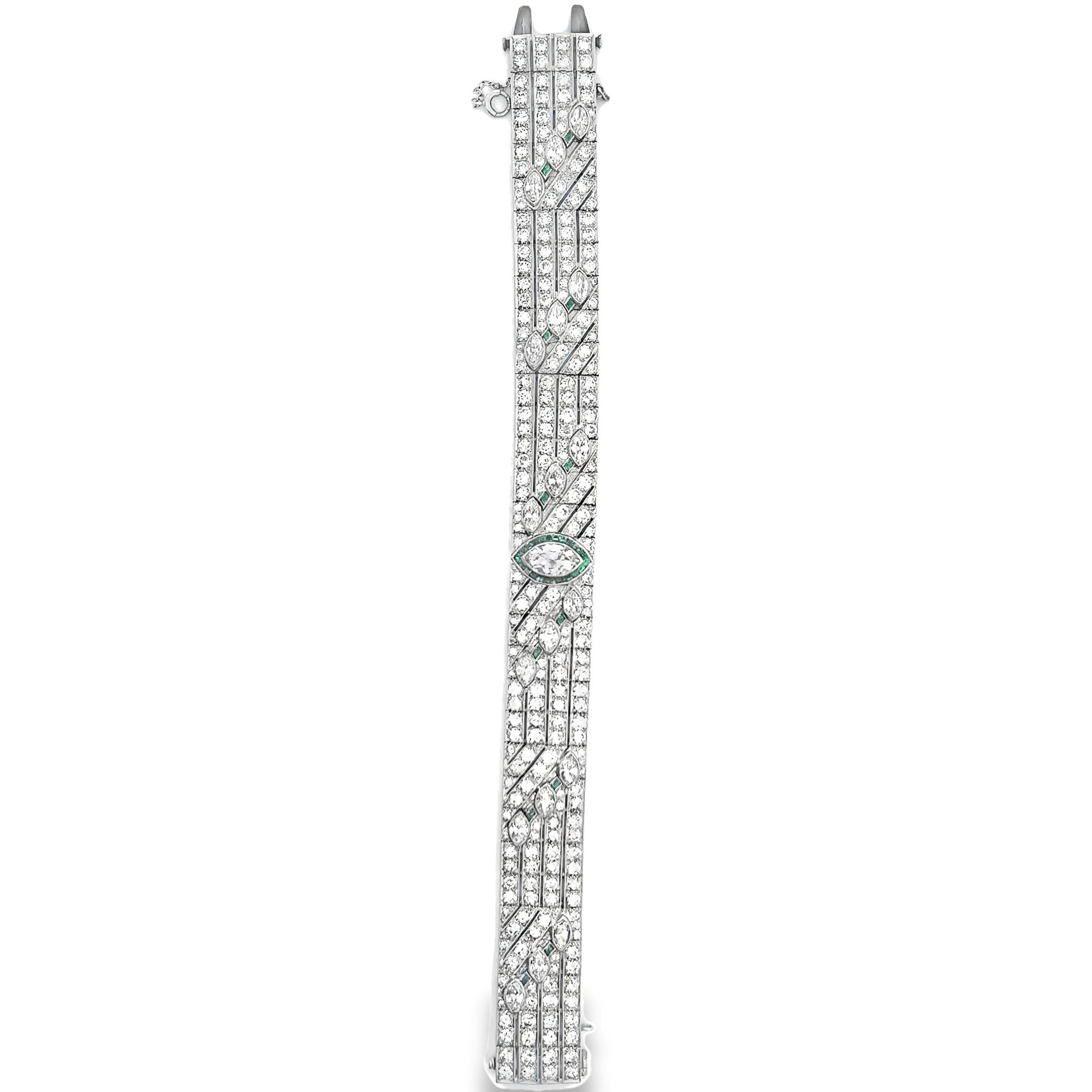 Art Deco Diamond Straight Line Bracelet Platinum With Emerald Accents ~16.87ctw 1