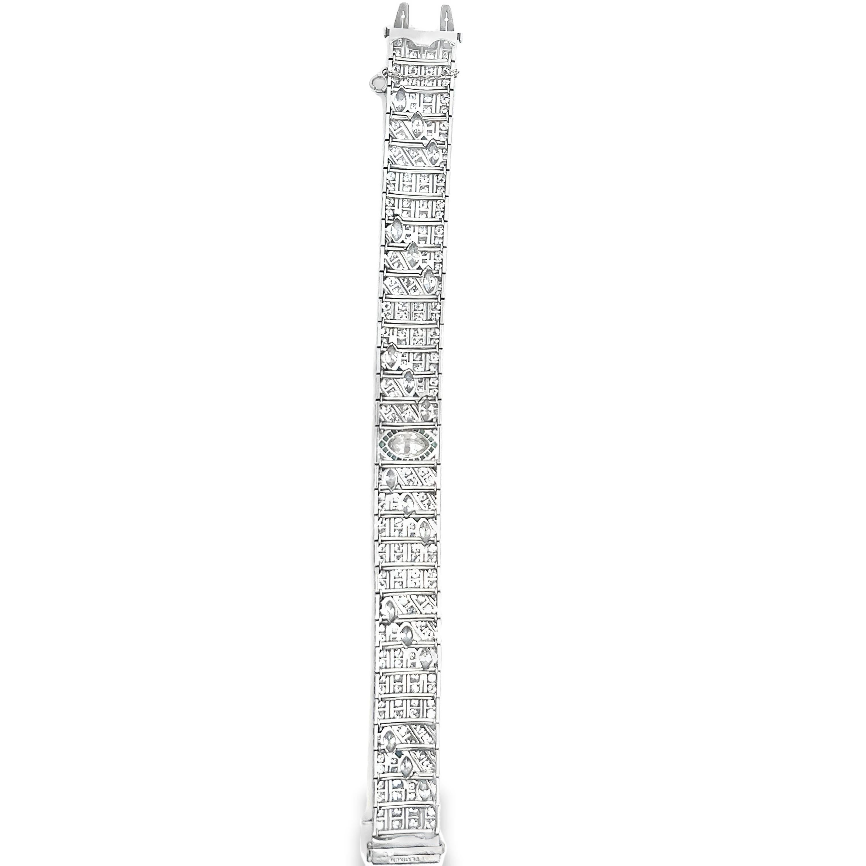Art Deco Diamond Straight Line Bracelet Platinum With Emerald Accents ~16.87ctw 2