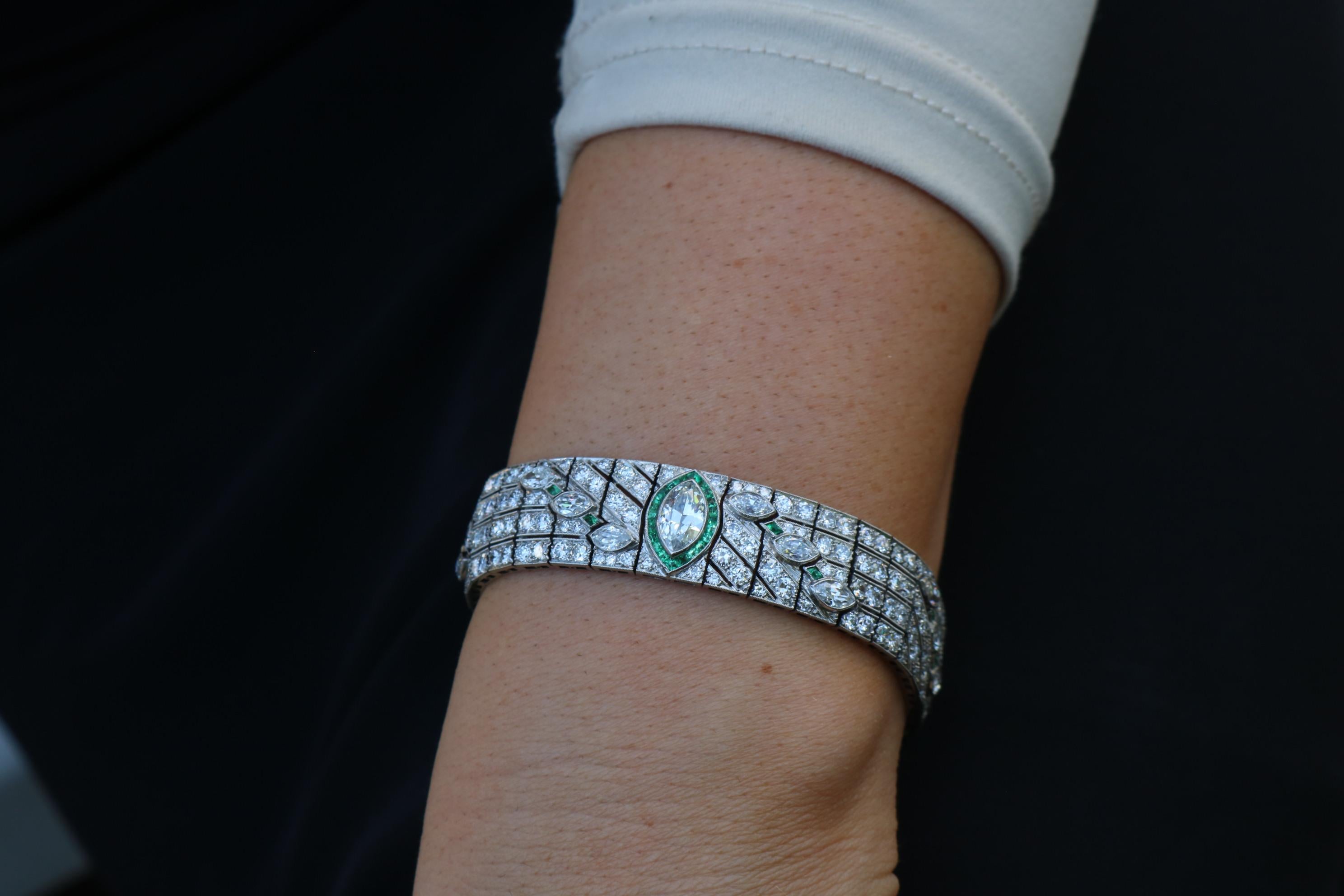 Art Deco Diamond Straight Line Bracelet Platinum With Emerald Accents ~16.87ctw 5