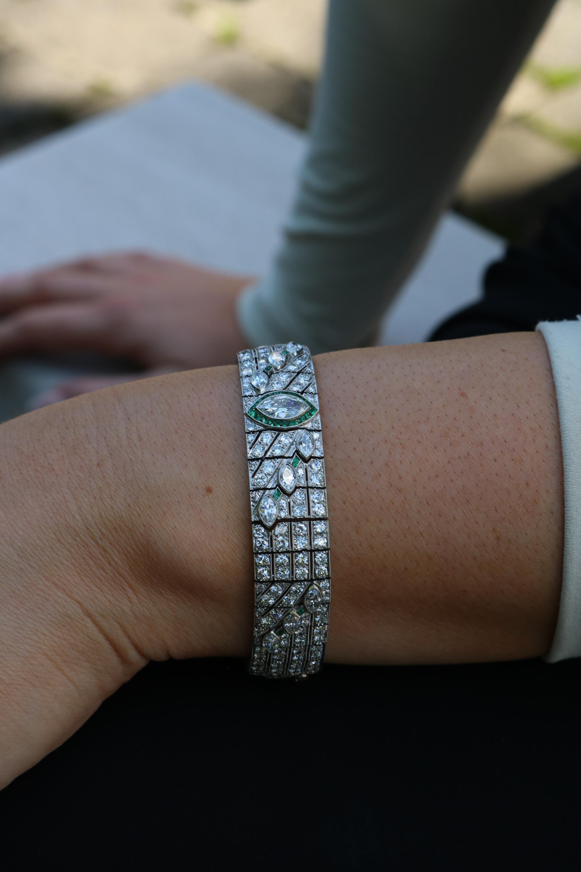 Art Deco Diamond Straight Line Bracelet Platinum With Emerald Accents ~16.87ctw 6