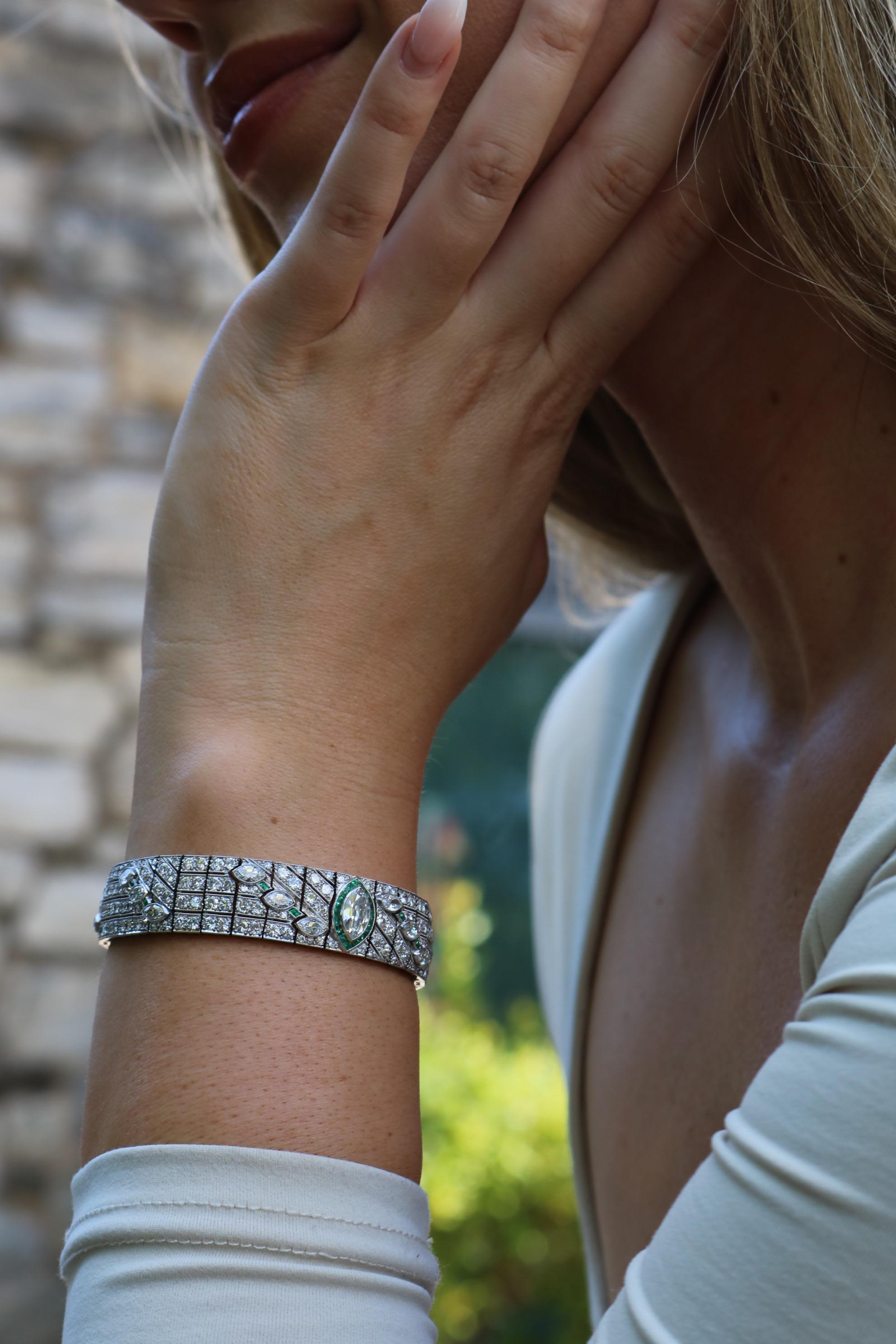 Art Deco Diamond Straight Line Bracelet Platinum With Emerald Accents ~16.87ctw 7
