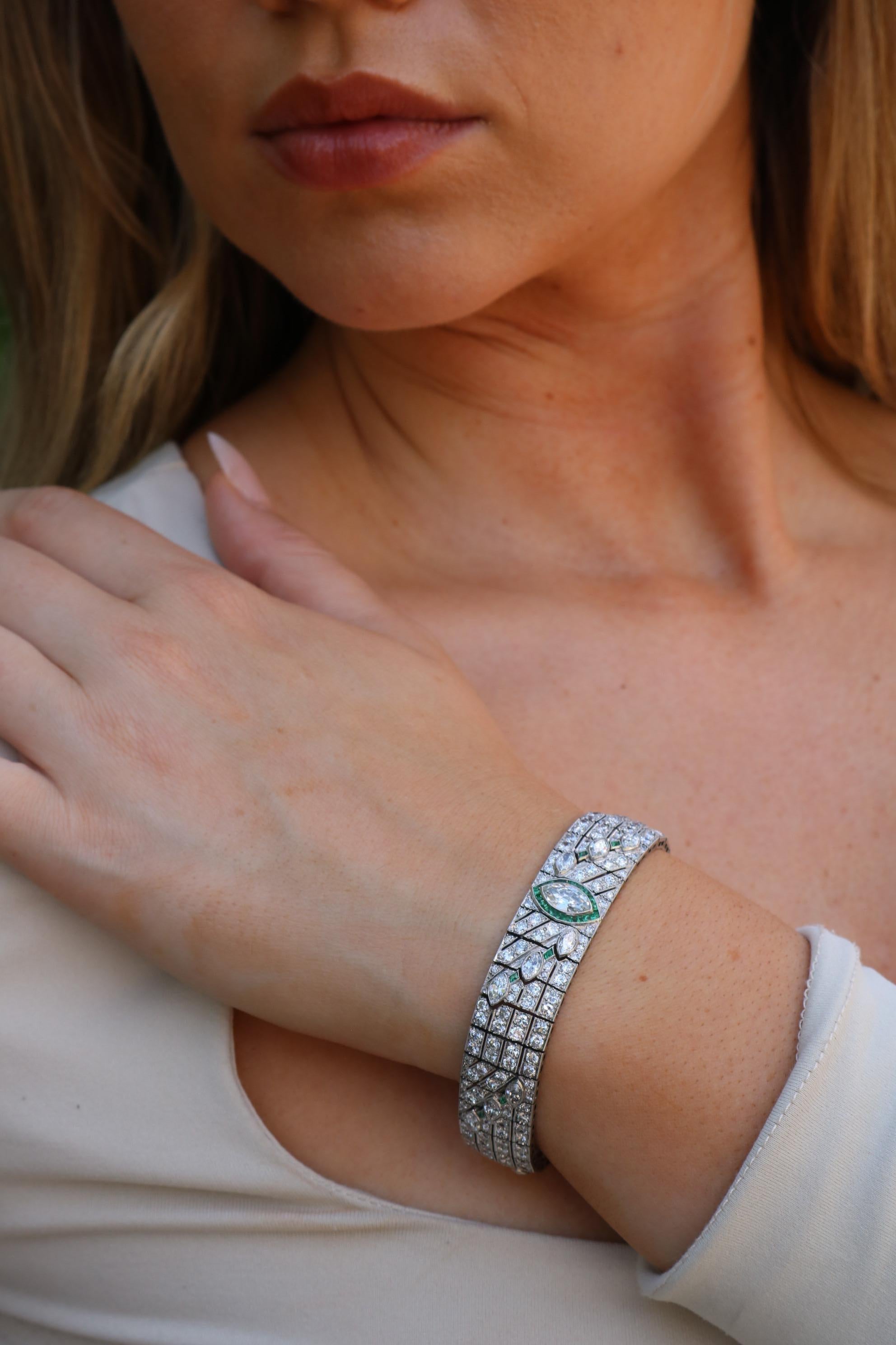 Art Deco Diamond Straight Line Bracelet Platinum With Emerald Accents ~16.87ctw 4