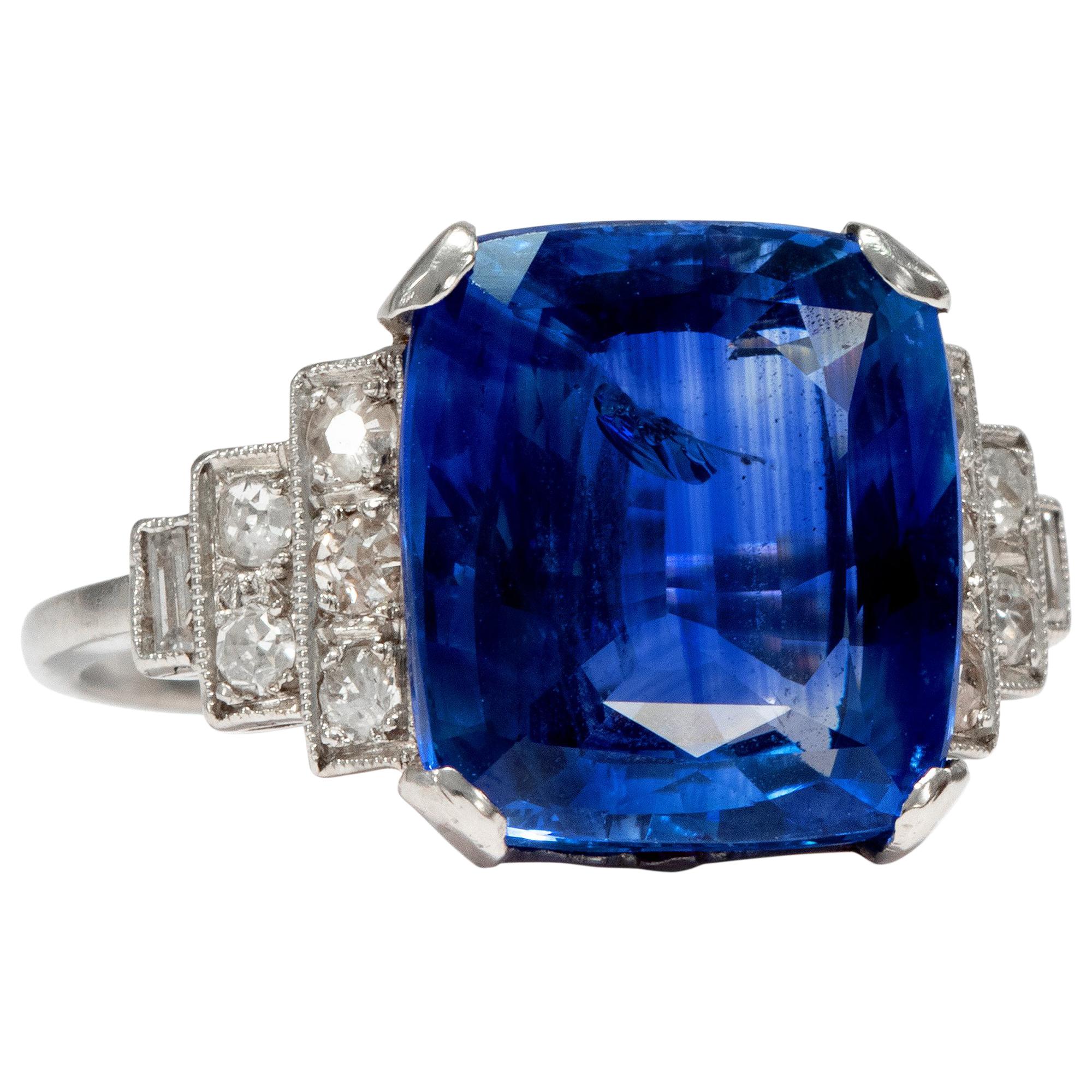 Art Déco  8.20 Carat Natural Blue Sapphire Diamond Platinum Cocktail Ring