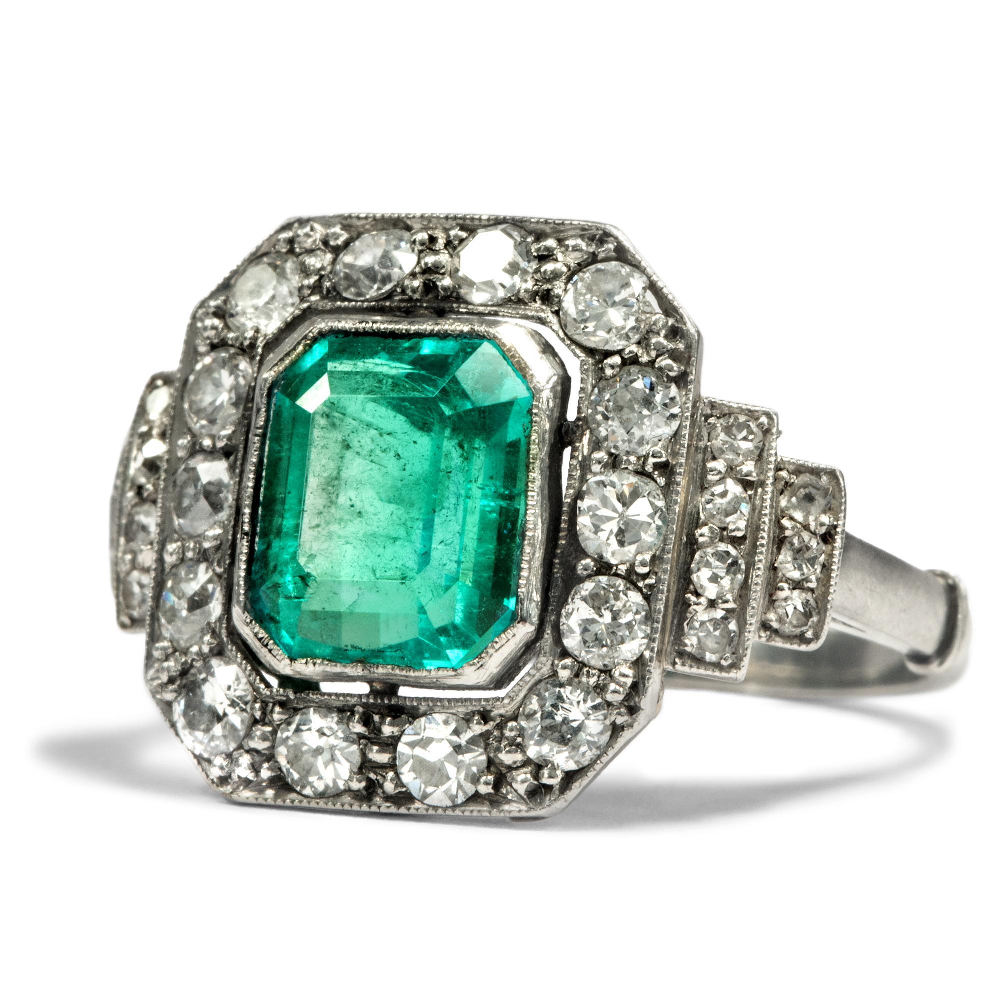 Emerald Cut Art Deco circa 1930, Certified 2.42 Carat Emerald Diamond Platinum Cocktail Ring