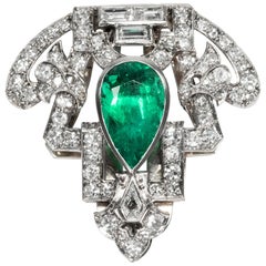 Vintage Art Deco circa 1930, Certified 2.6 Ct Natural Emerald Diamond Dress Clip Brooch