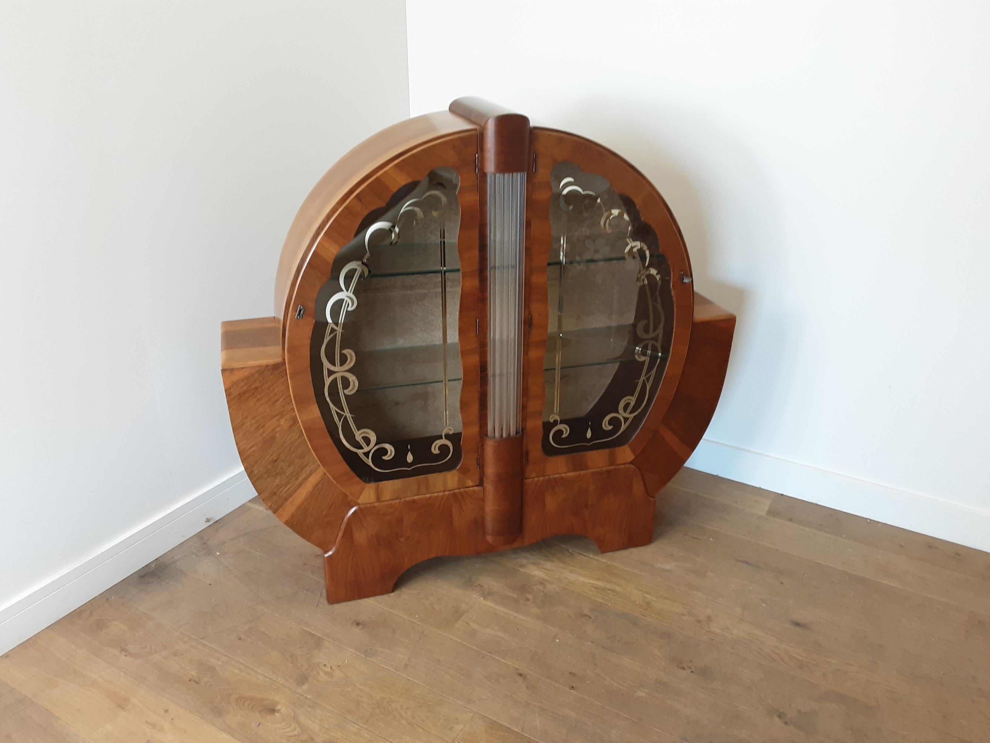 British Art Deco Circular Display Cabinet Bookcase with Glass Rods Central Column For Sale