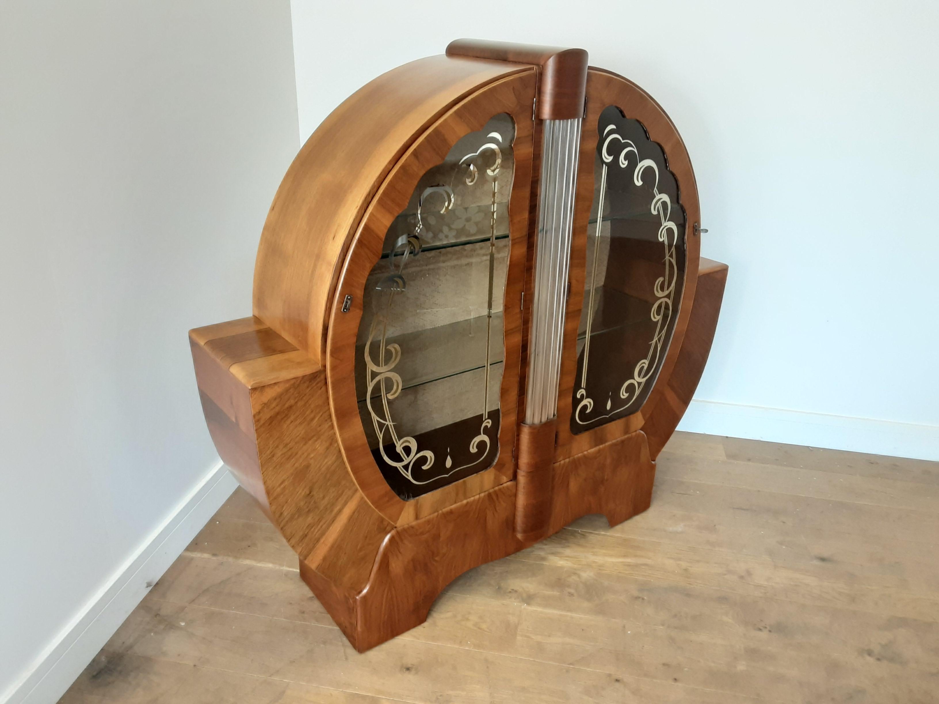 20th Century Art Deco Circular Display Cabinet Bookcase with Glass Rods Central Column For Sale