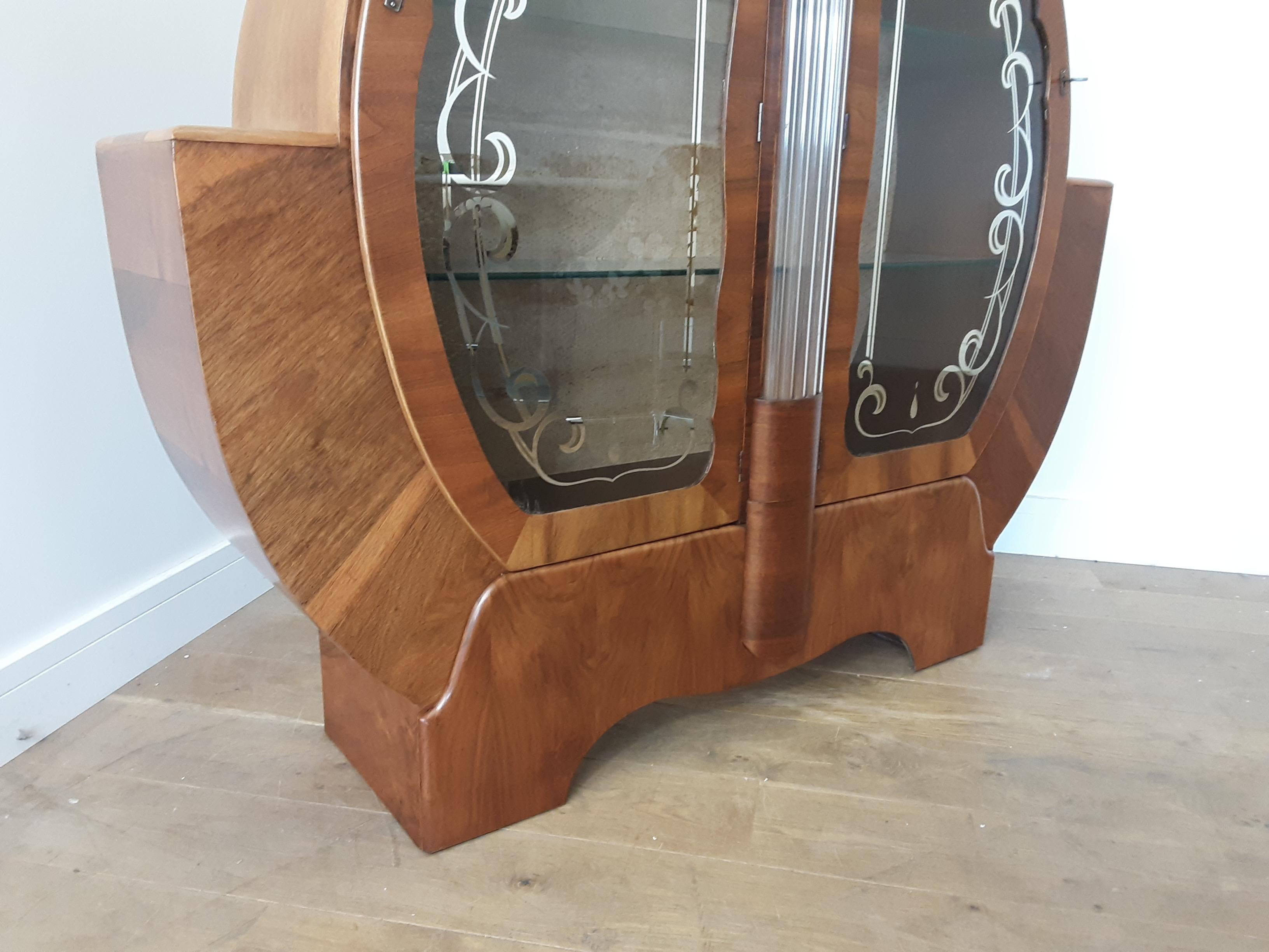 Walnut Art Deco Circular Display Cabinet Bookcase with Glass Rods Central Column For Sale