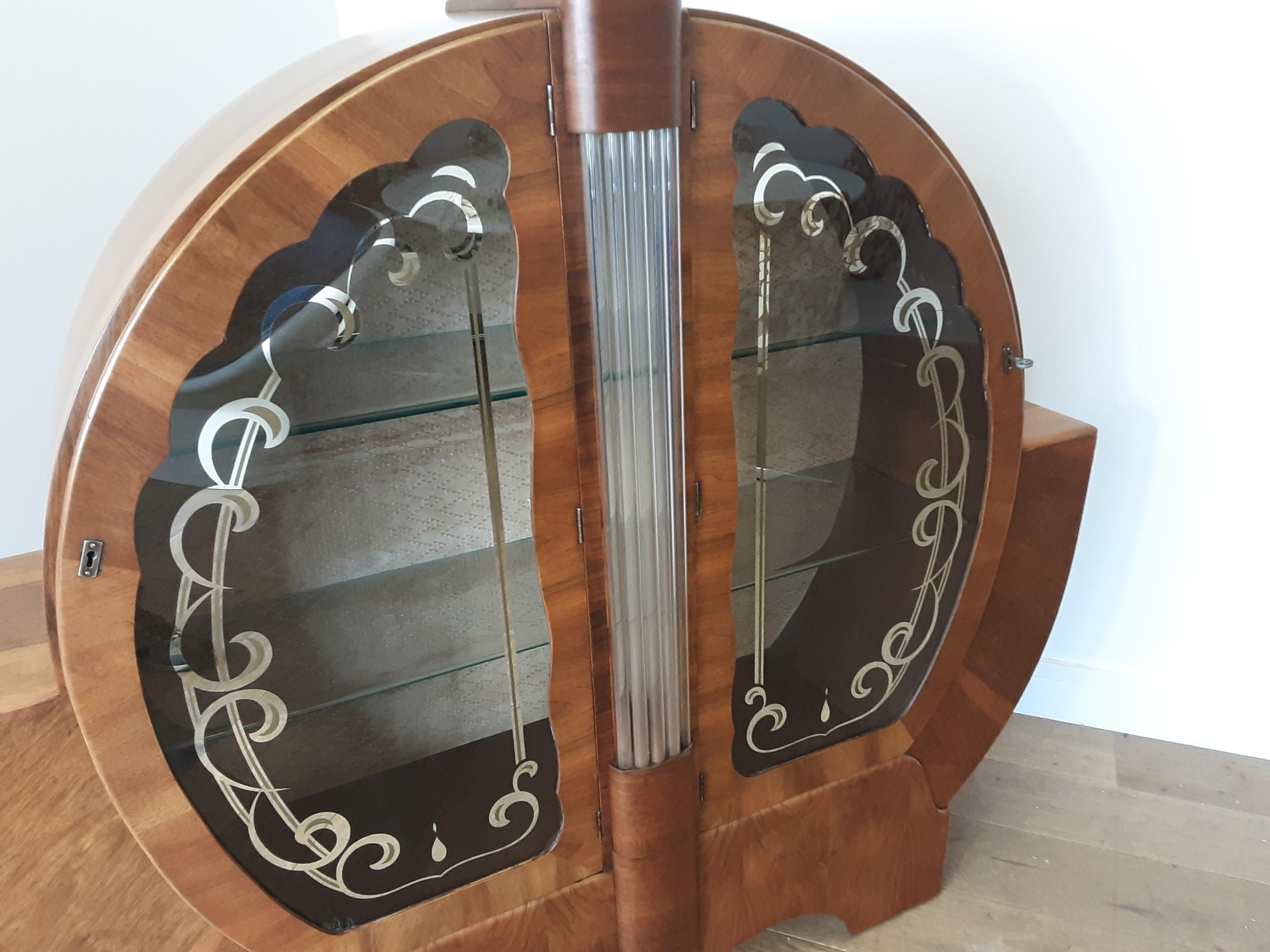Art Deco Circular Display Cabinet Bookcase with Glass Rods Central Column For Sale 2