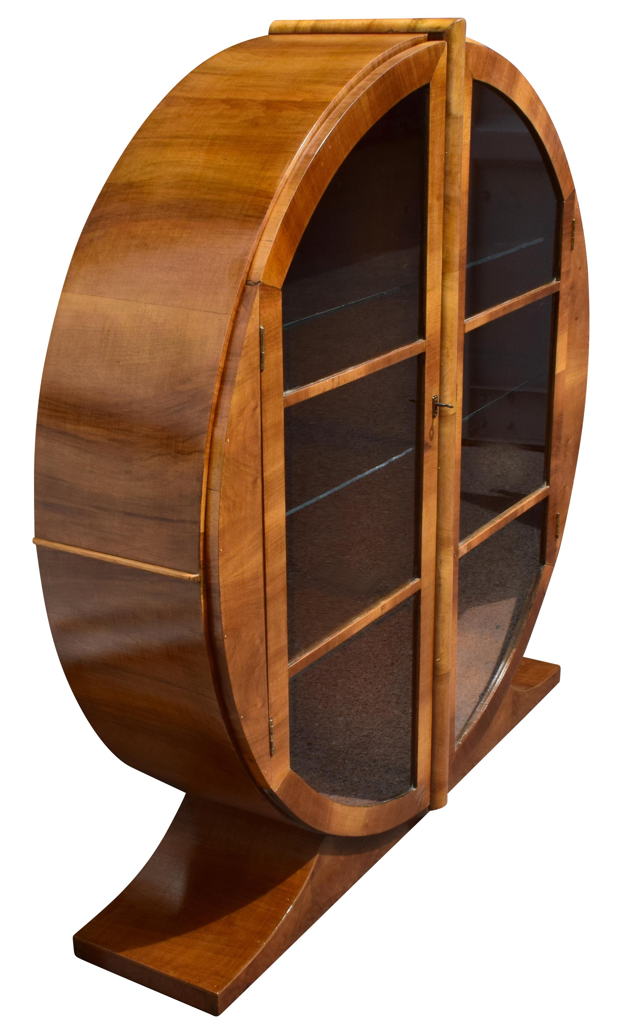 English Art Deco Circular Display Vitrine Cabinet in Walnut, circa 1930