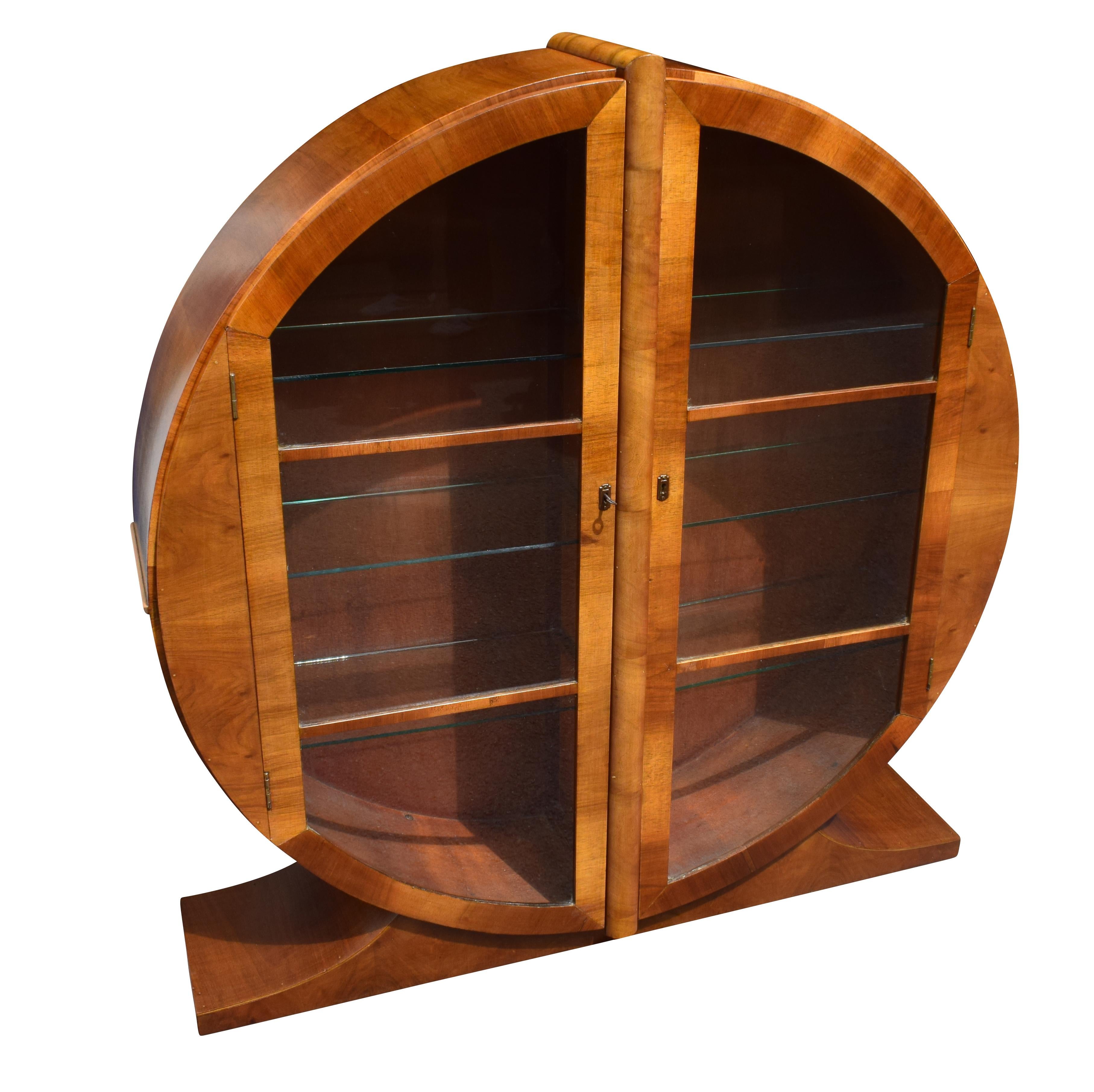 Glass Art Deco Circular Display Vitrine Cabinet in Walnut, circa 1930