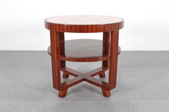 Art Déco Circular Side Table in Bent Wood and Pink Mirrored Glass 30s Italy