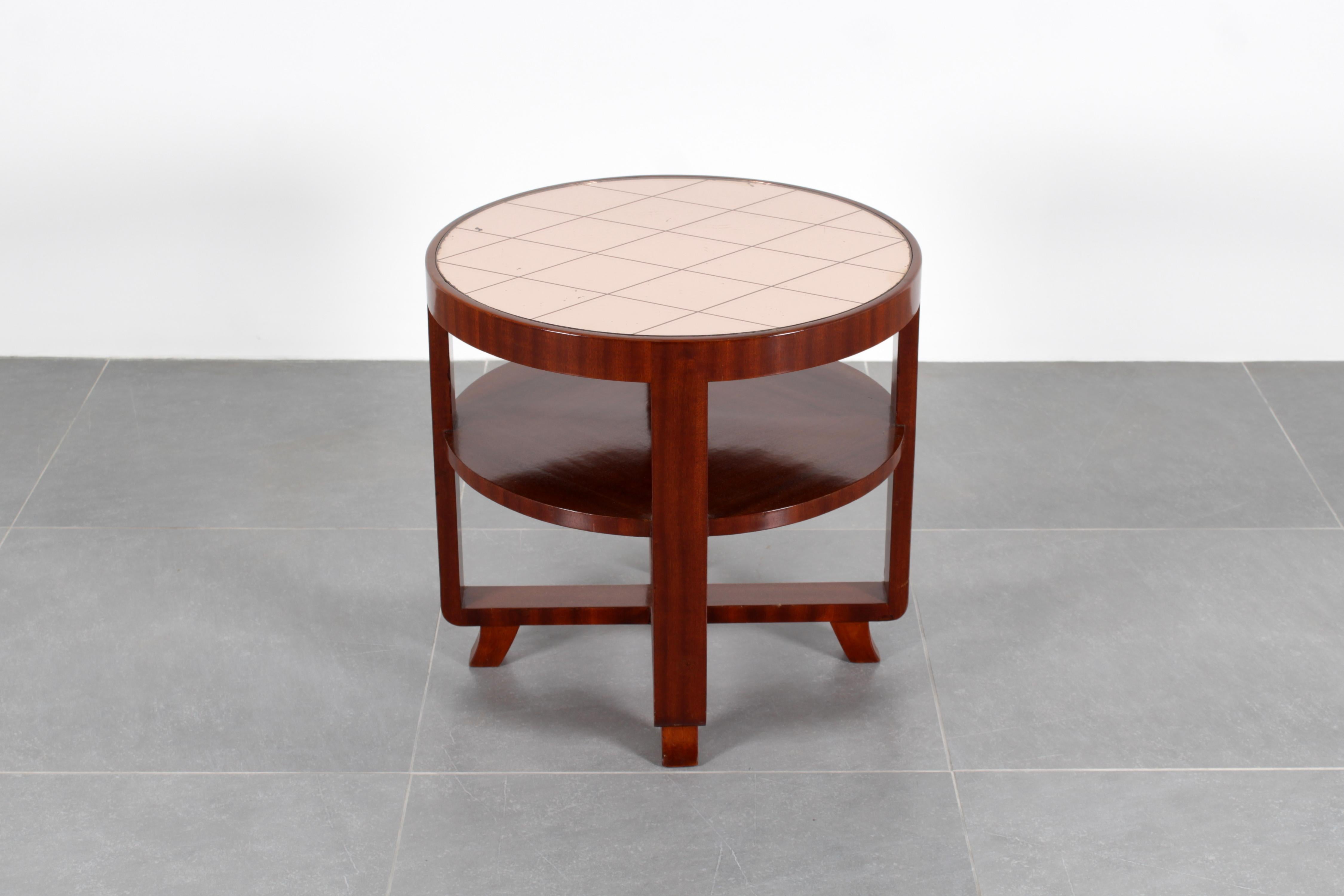 Art Déco Runder Beistelltisch aus gebogenem Holz und rosa verspiegeltem Glas 30er Jahre Italien (Italienisch) im Angebot