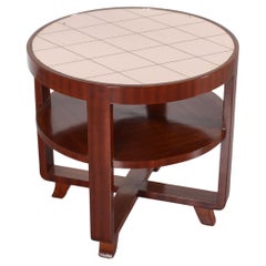 Vintage Art Déco Circular Side Table in Bent Wood and Pink Mirrored Glass 30s Italy