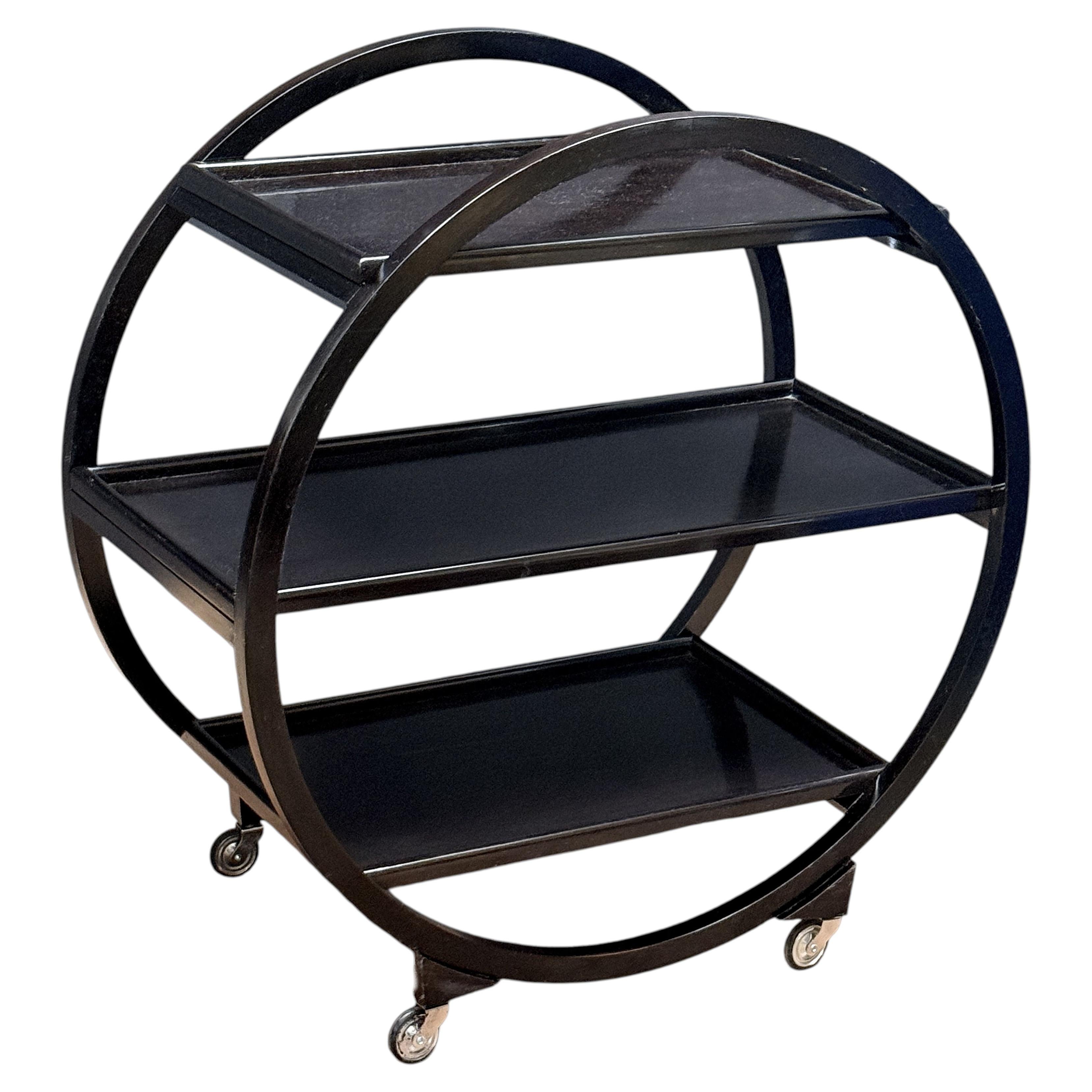 Art Deco Circular Three-Tiered Drinks Cart of Ebonized Wood from Italy