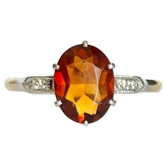 Art Deco Citrin und Diamant 18 Karat Gold Solitär-Ring im Angebot