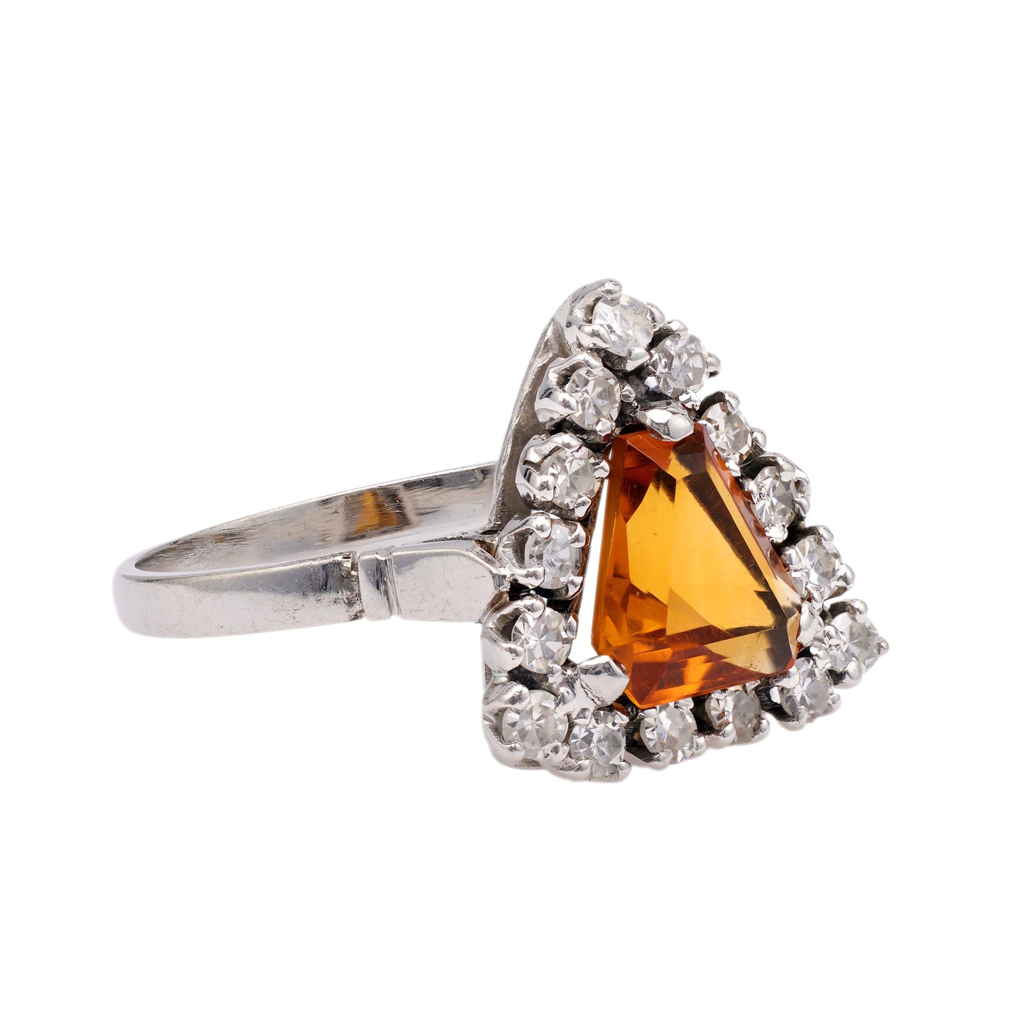 Women's or Men's Art Deco Citrine and Diamond 18k White Gold Ring