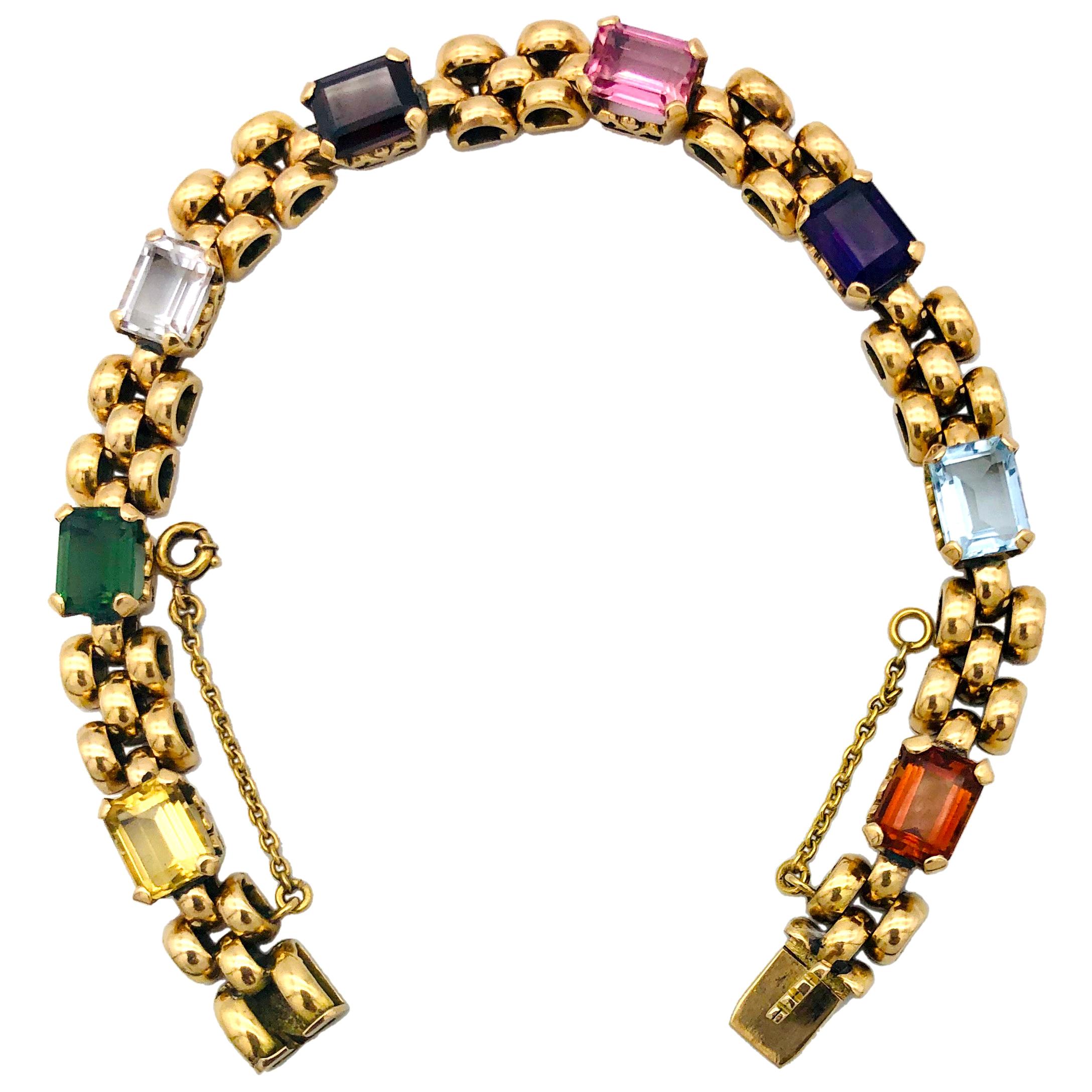 Antique Art Deco Citrine Aquamarine Tourmaline Amethyst 14 K Gold Gate Bracelet For Sale