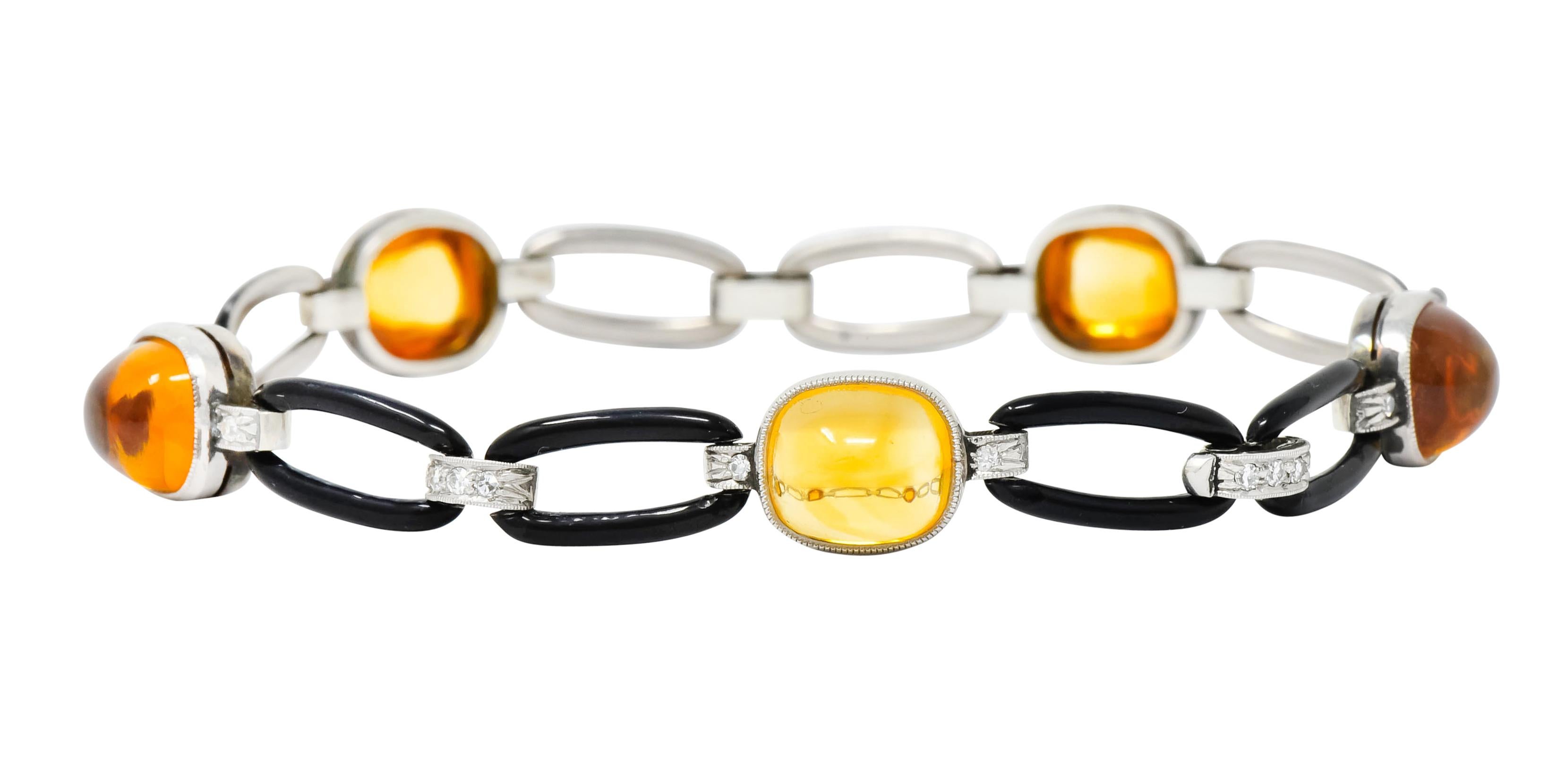 Art Deco Citrine Cabochon Diamond Enamel Platinum Linked Bracelet 6