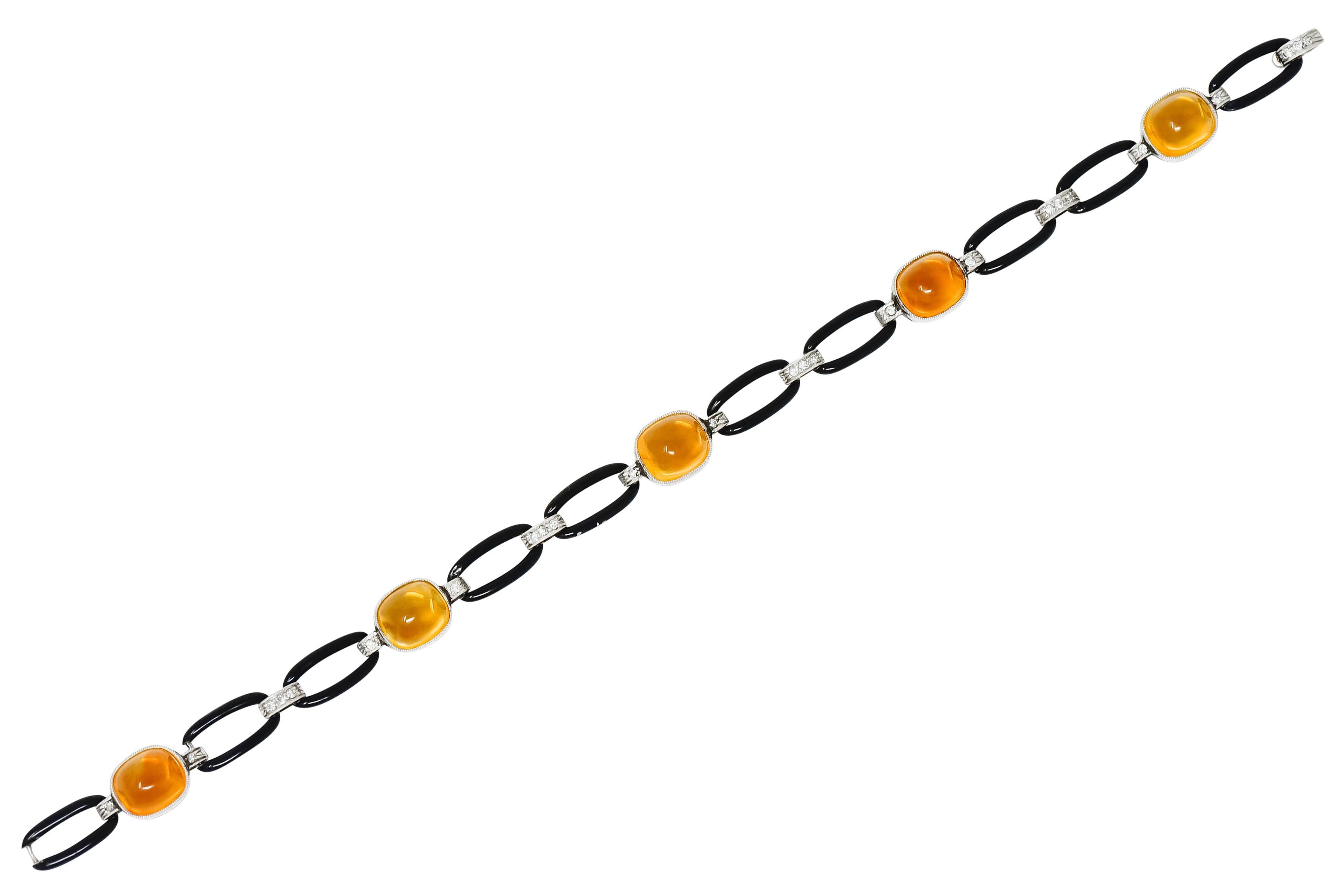 Art Deco Citrine Cabochon Diamond Enamel Platinum Linked Bracelet 7