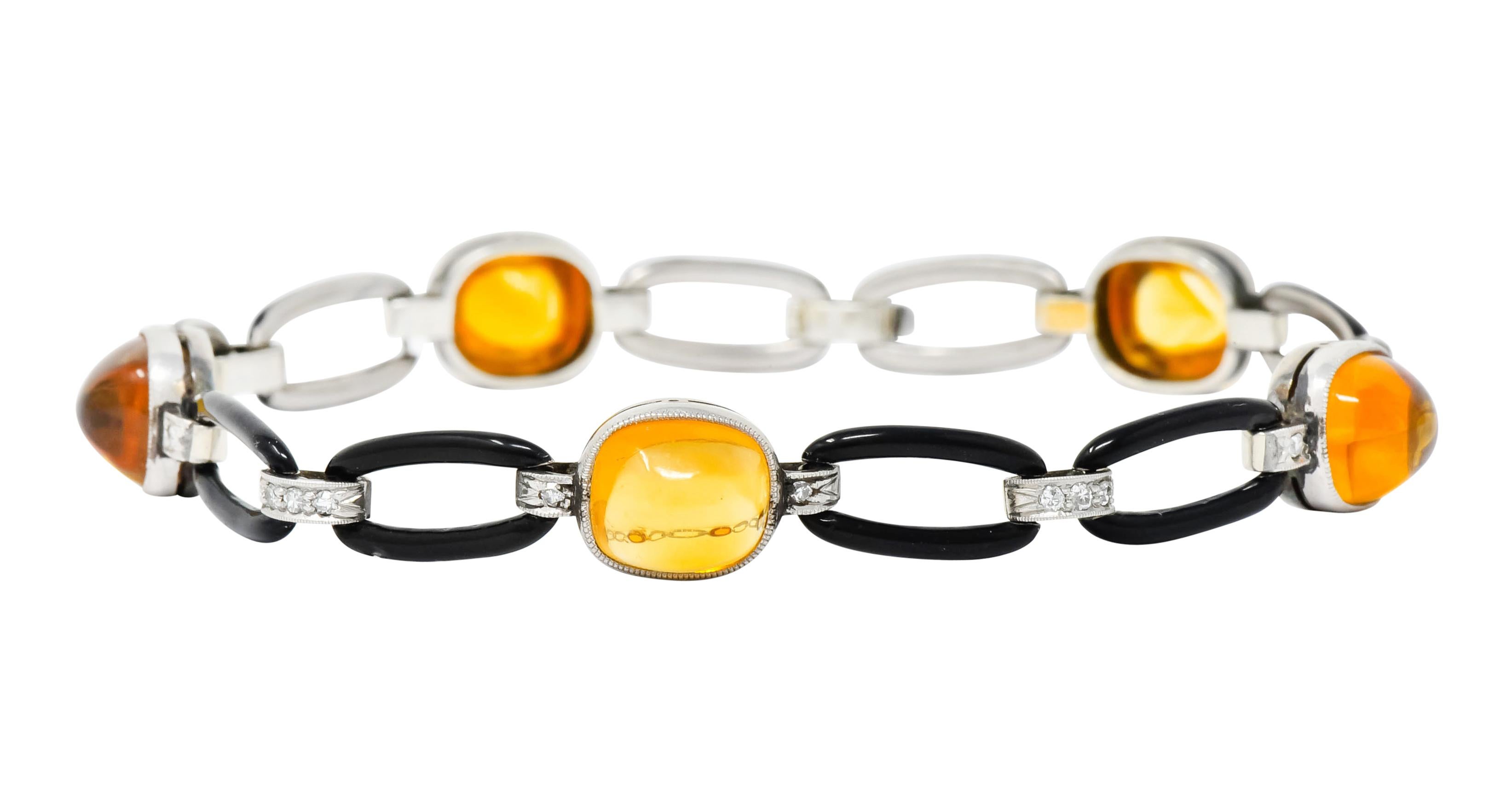 Cushion Cut Art Deco Citrine Cabochon Diamond Enamel Platinum Linked Bracelet