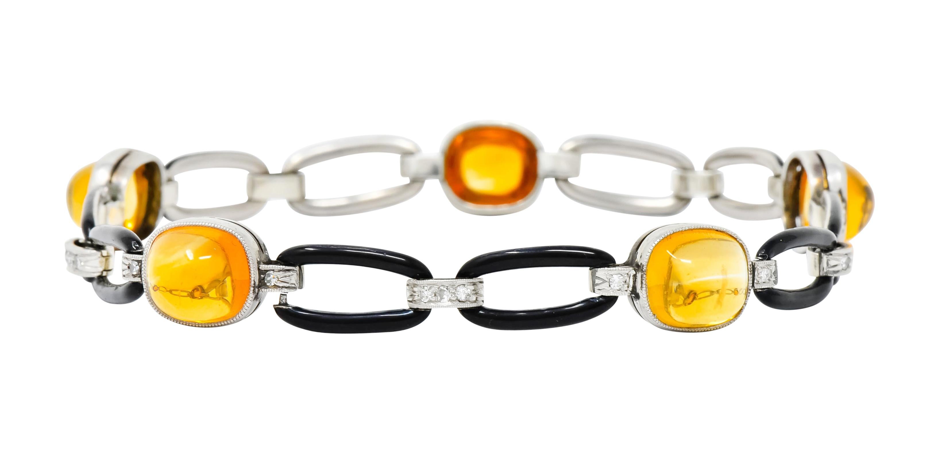 Art Deco Citrine Cabochon Diamond Enamel Platinum Linked Bracelet In Excellent Condition In Philadelphia, PA