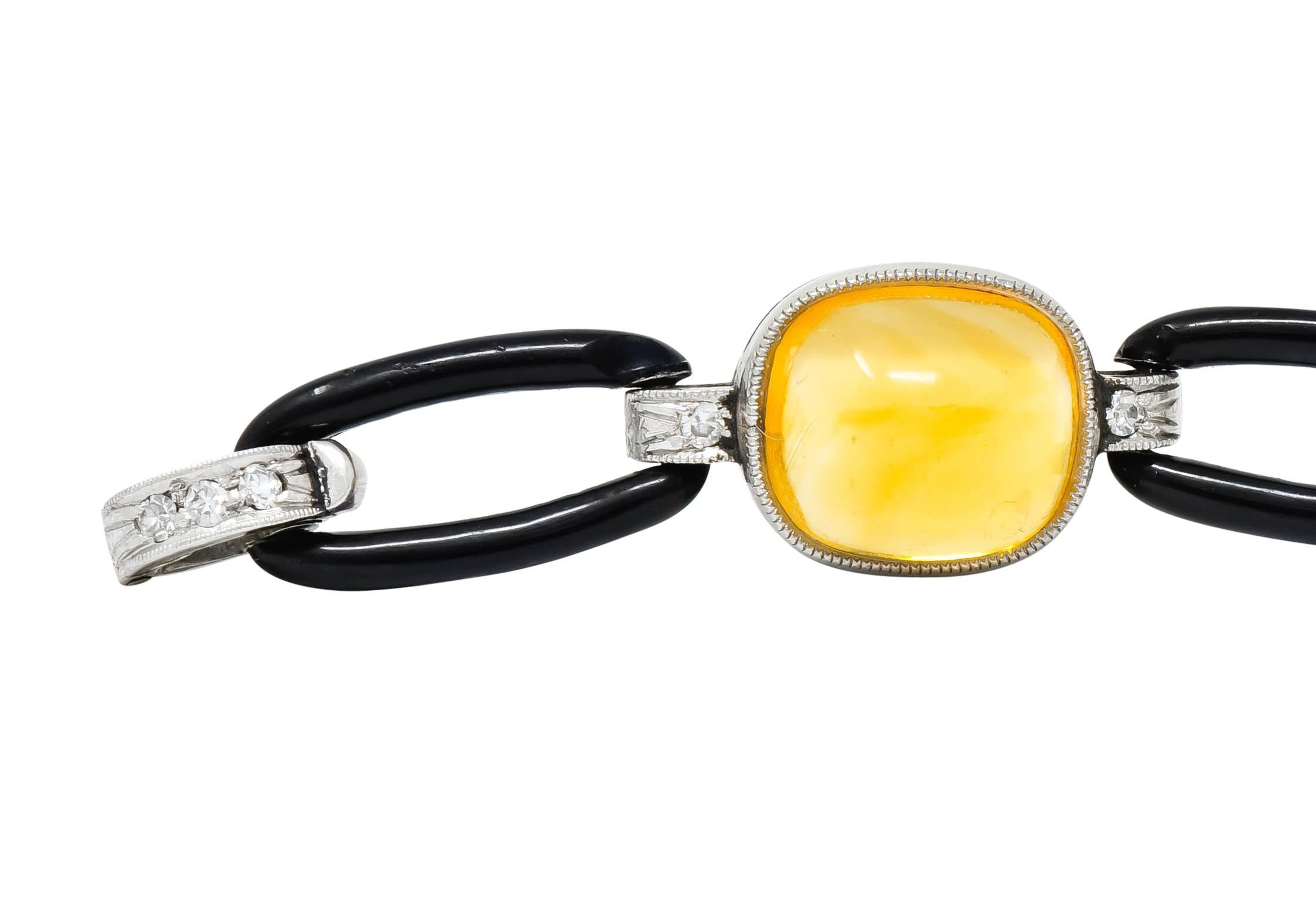 Women's or Men's Art Deco Citrine Cabochon Diamond Enamel Platinum Linked Bracelet