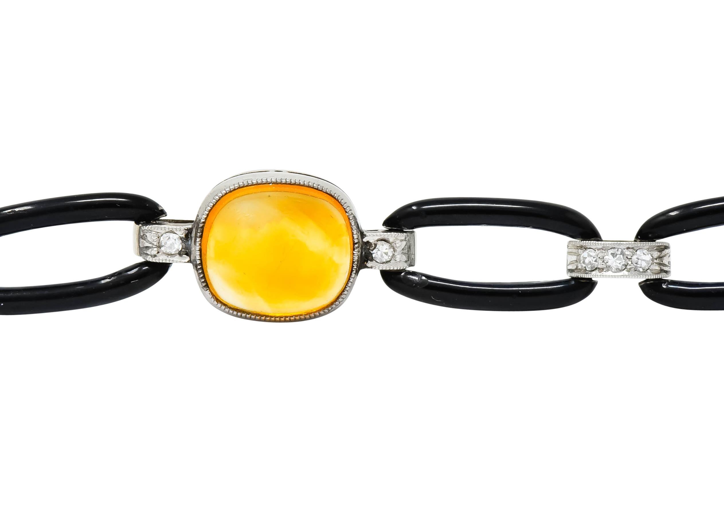 Art Deco Citrine Cabochon Diamond Enamel Platinum Linked Bracelet 1