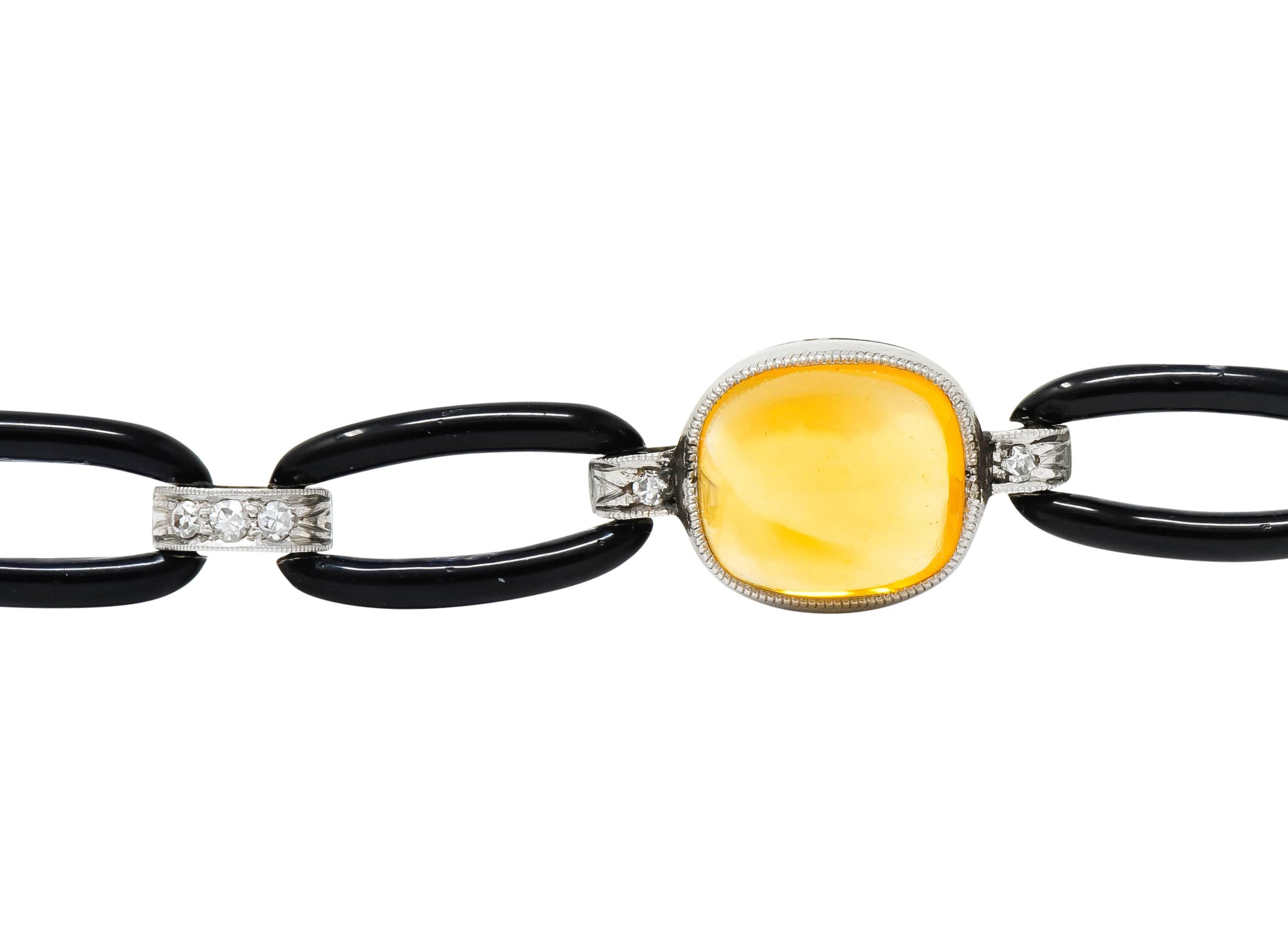 Art Deco Citrine Cabochon Diamond Enamel Platinum Linked Bracelet 2