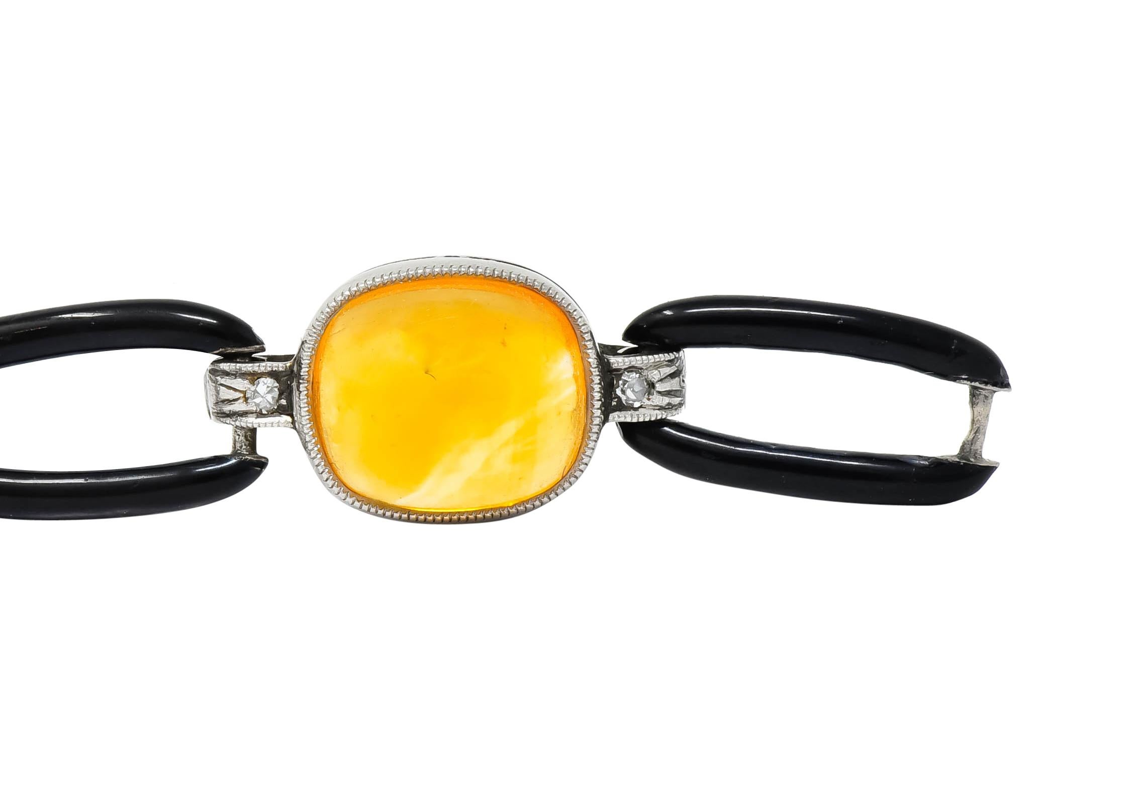 Art Deco Citrine Cabochon Diamond Enamel Platinum Linked Bracelet 3