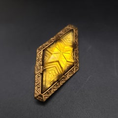 Art Deco Citrine Carved Crystal Pin, Gold-Tone Decorative Setting,  Brooch