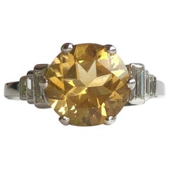 Art Deco Citrine Diamond and Platinum Solitaire Ring