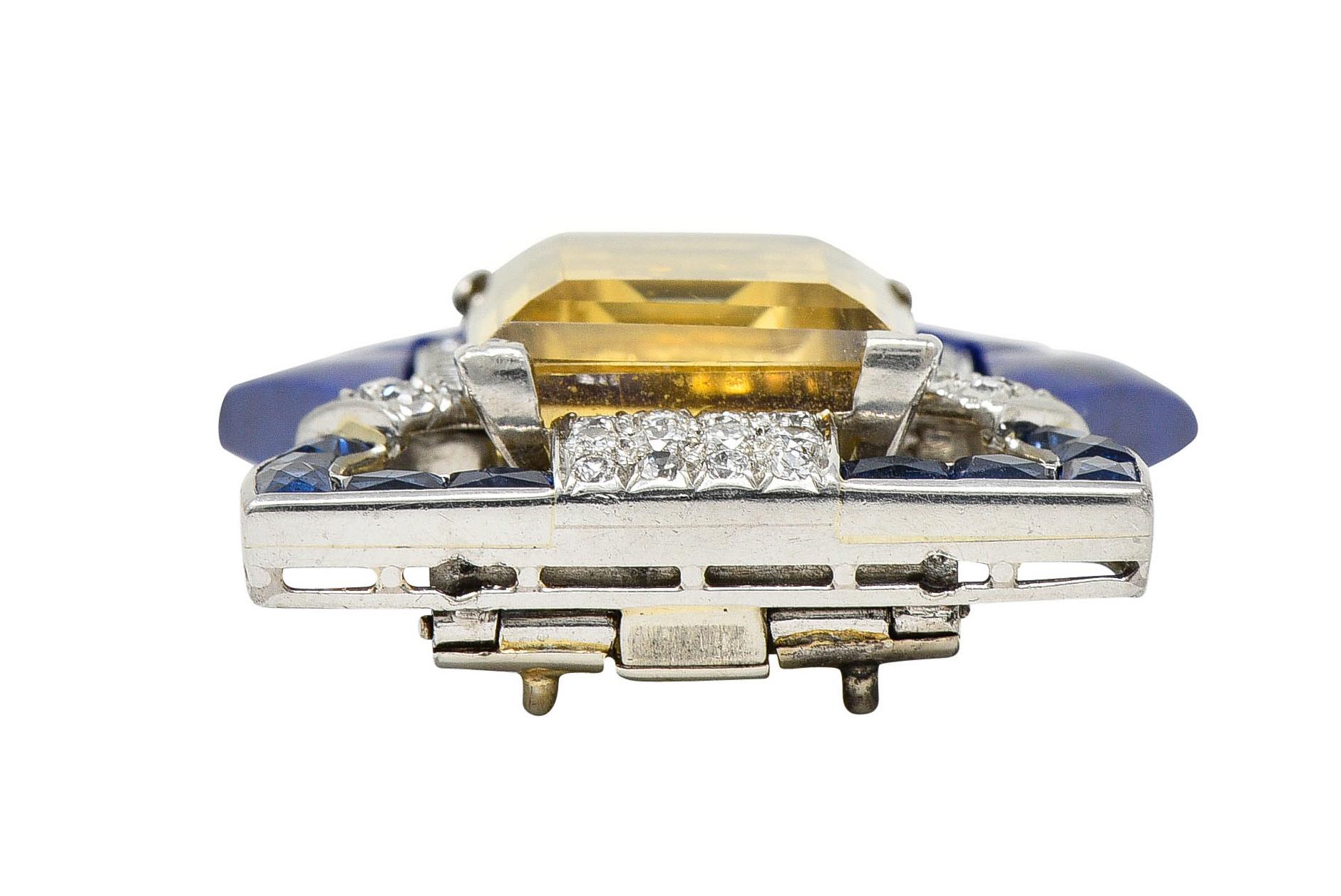 Art Deco Citrine Diamond Sapphire Lapis Platinum Shell Clip Brooch 5