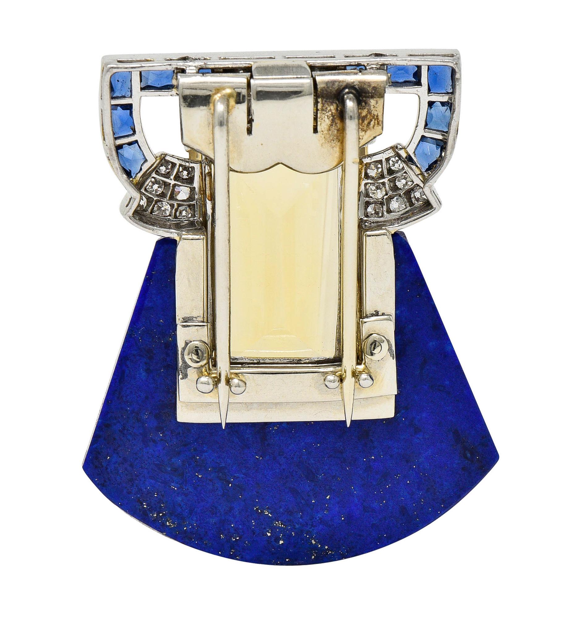 French Cut Art Deco Citrine Diamond Sapphire Lapis Platinum Shell Clip Brooch
