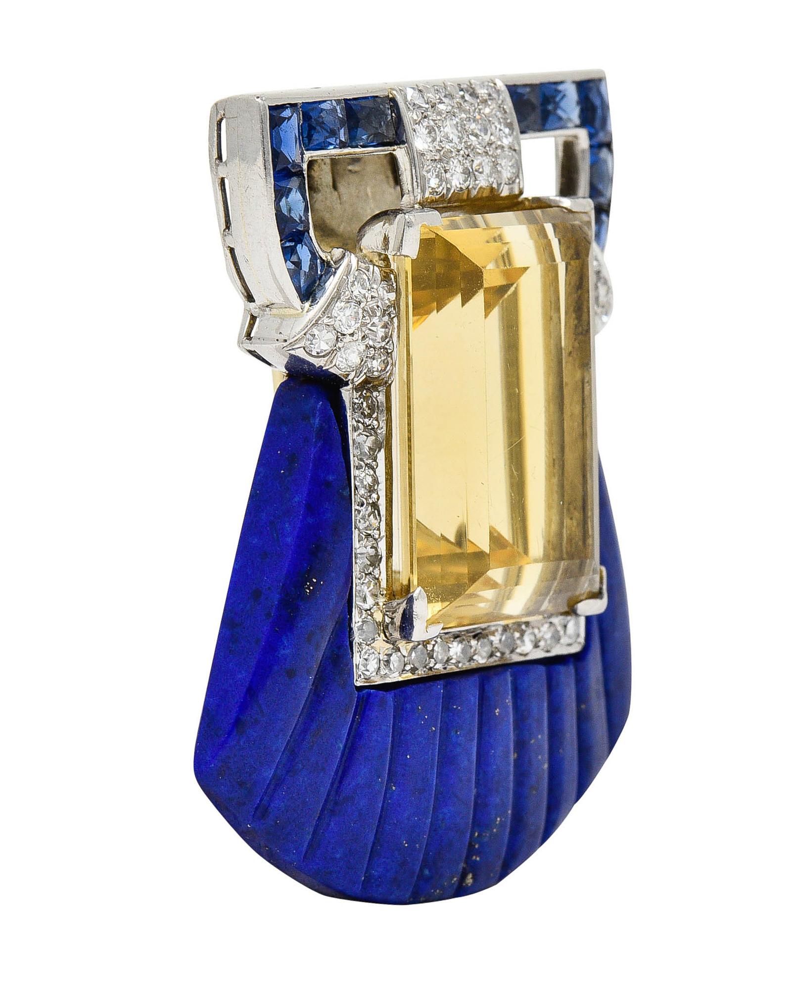 Art Deco Citrine Diamond Sapphire Lapis Platinum Shell Clip Brooch In Excellent Condition In Philadelphia, PA