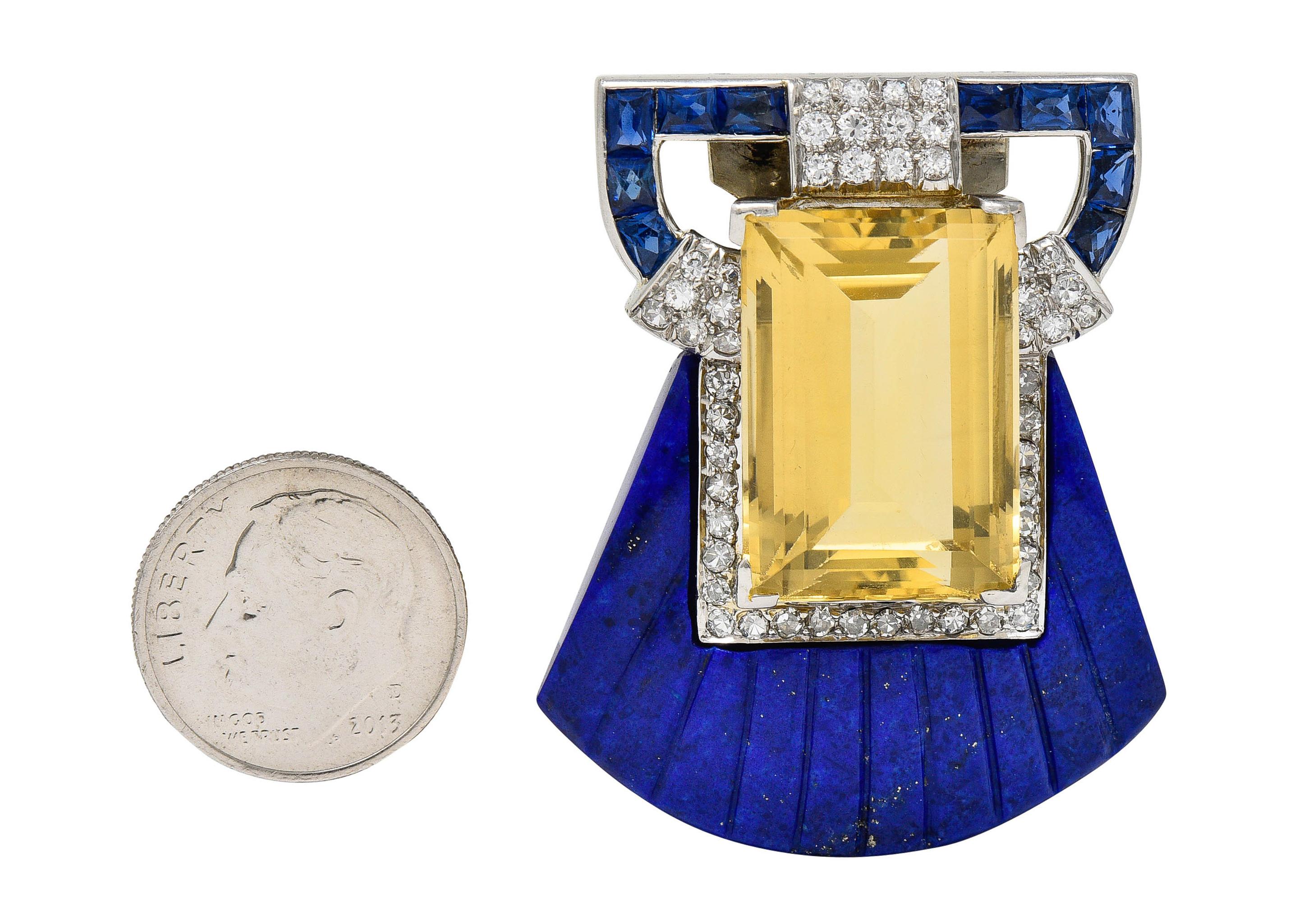Women's or Men's Art Deco Citrine Diamond Sapphire Lapis Platinum Shell Clip Brooch