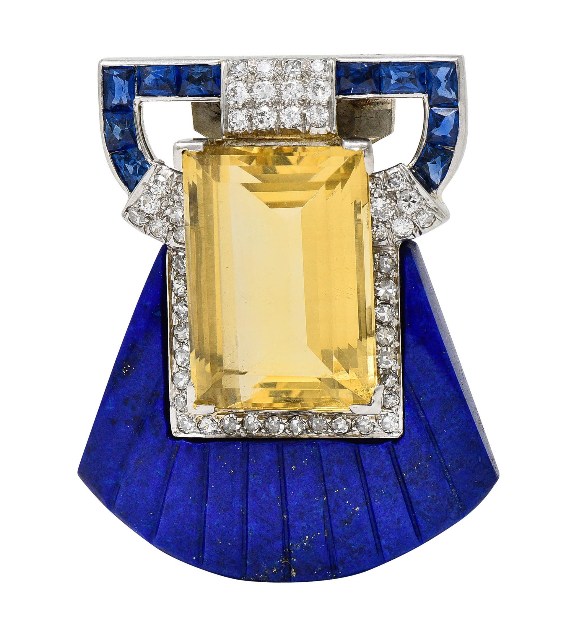 Art Deco Citrine Diamond Sapphire Lapis Platinum Shell Clip Brooch 1