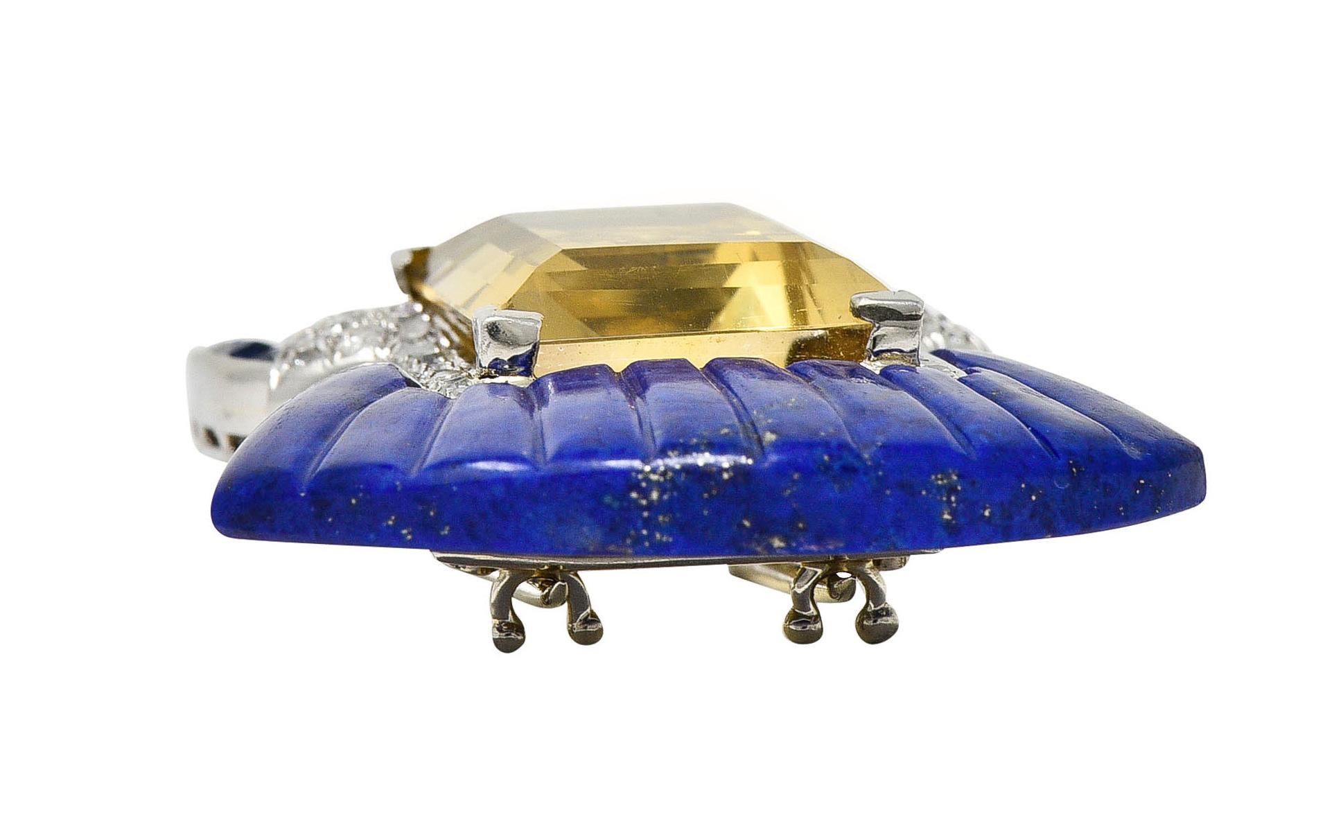 Art Deco Citrine Diamond Sapphire Lapis Platinum Shell Clip Brooch 3