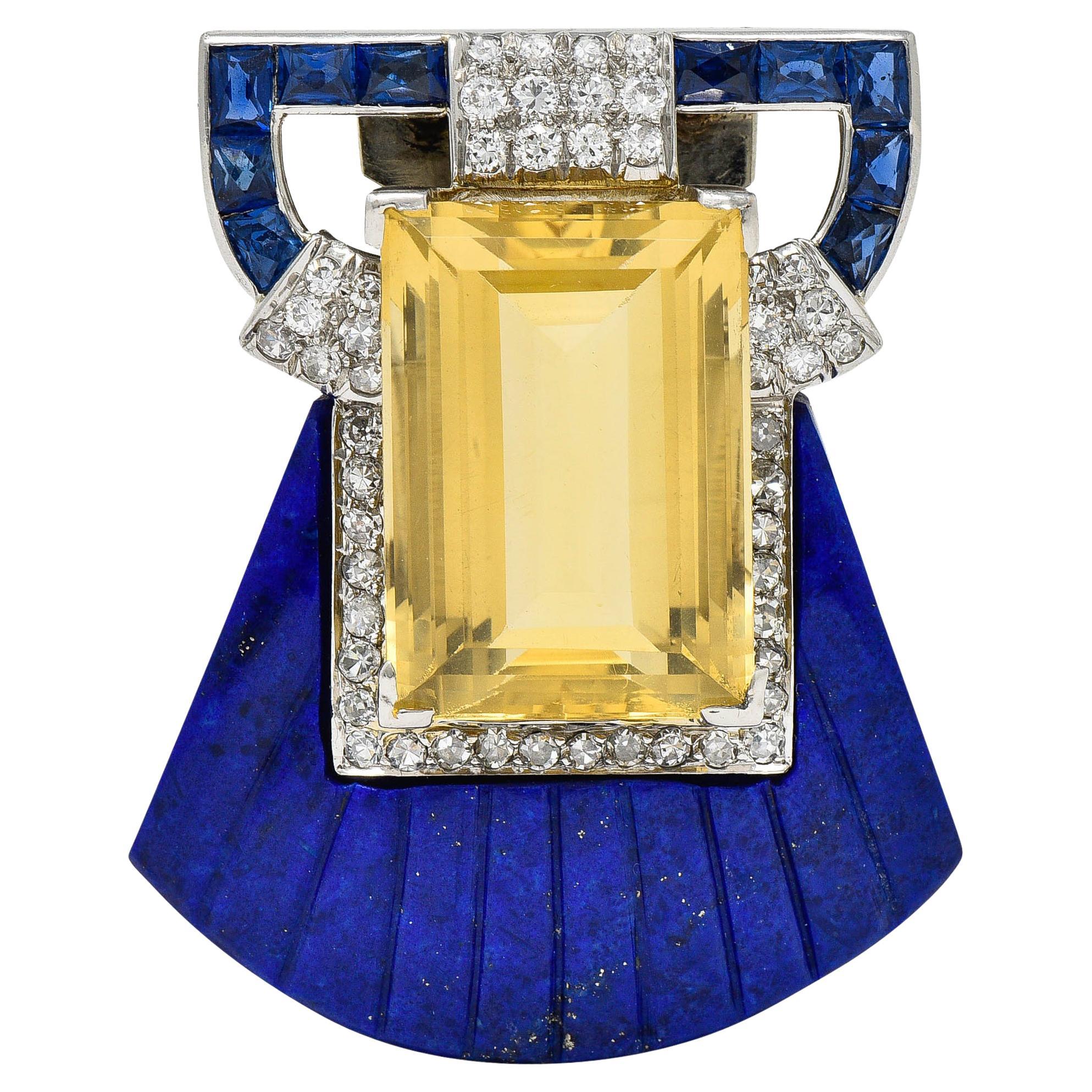 Art Deco Citrine Diamond Sapphire Lapis Platinum Shell Clip Brooch
