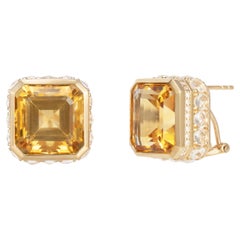Art Deco Citrine Earring with White Topaz & Diamond in 18 Karat Yellow Gold