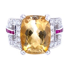Art Deco Citrine Quartz Diamond Ruby Gold Ring