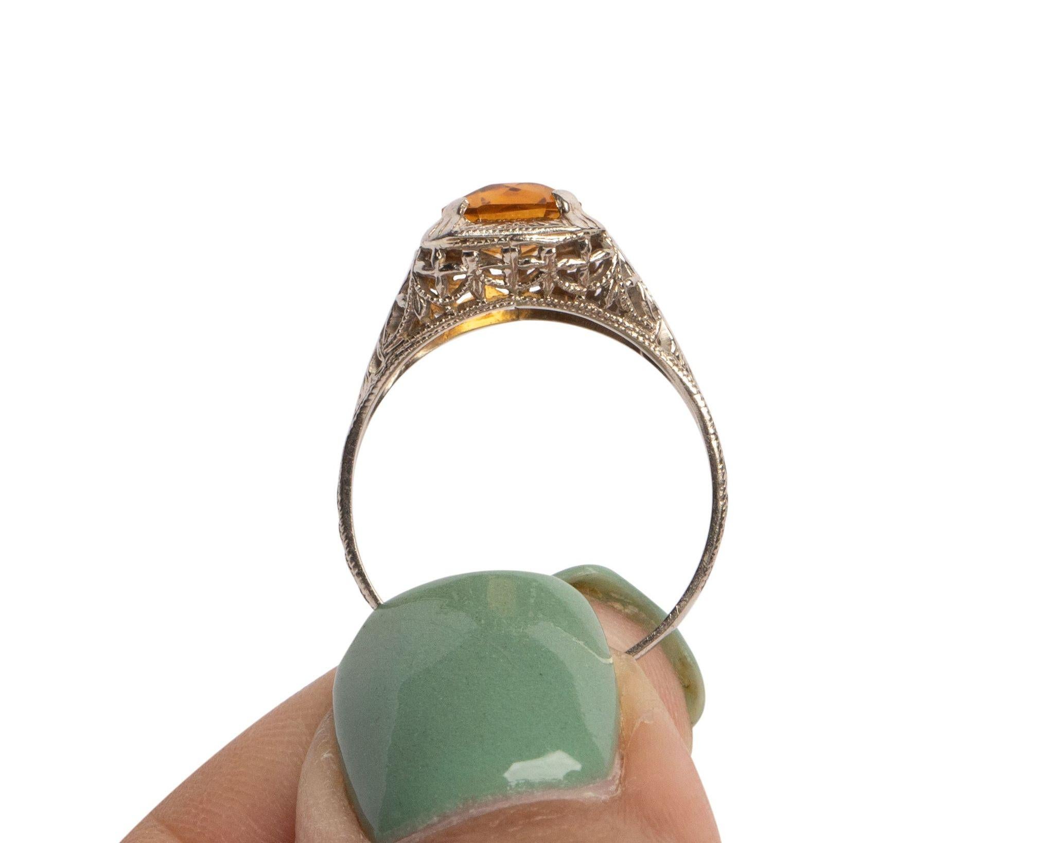 Art Deco Citrine Radiant Cut Gemstone White Gold Filigree Ring In Good Condition In Addison, TX