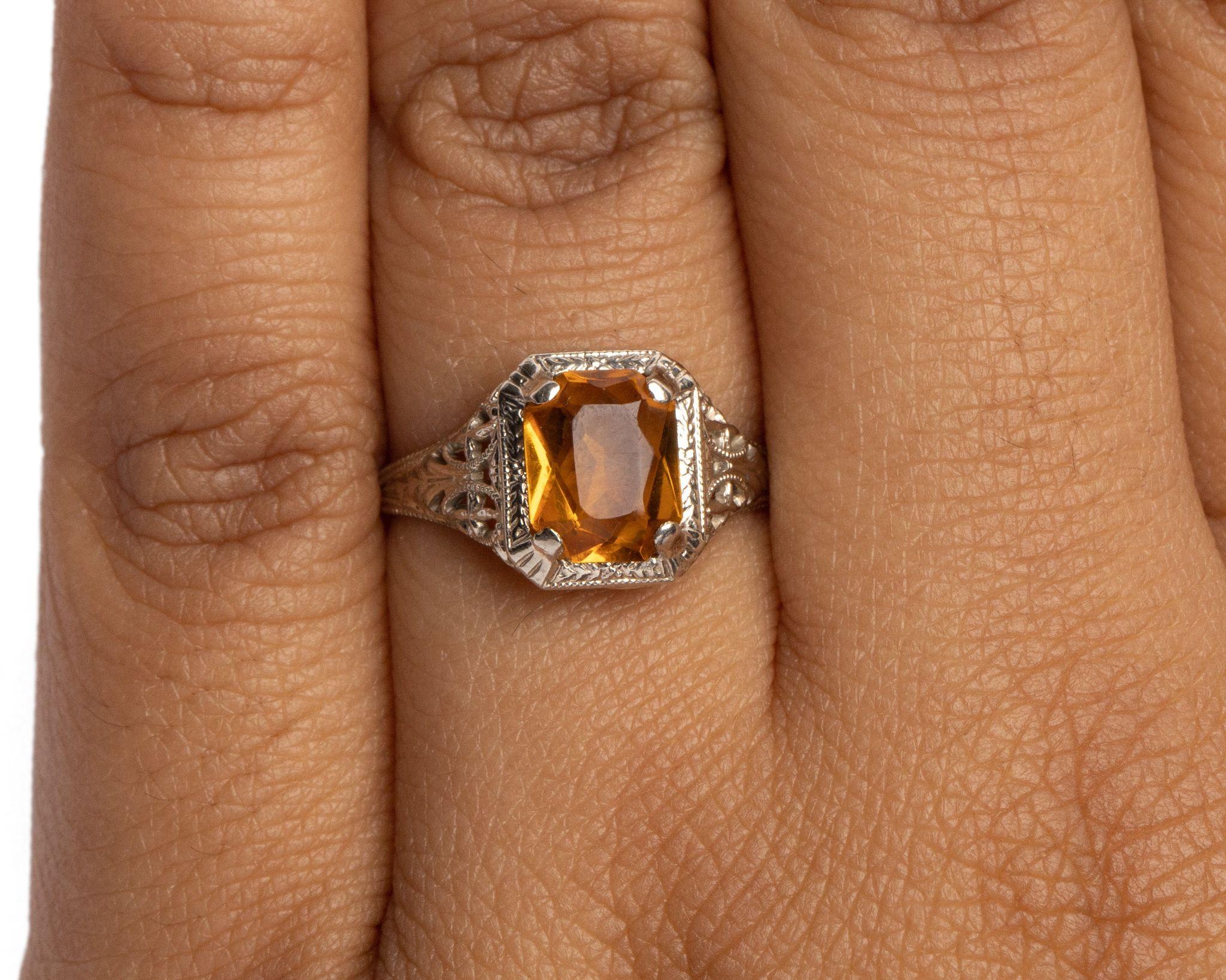 Art Deco Citrine Radiant Cut Gemstone White Gold Filigree Ring In Good Condition In Addison, TX