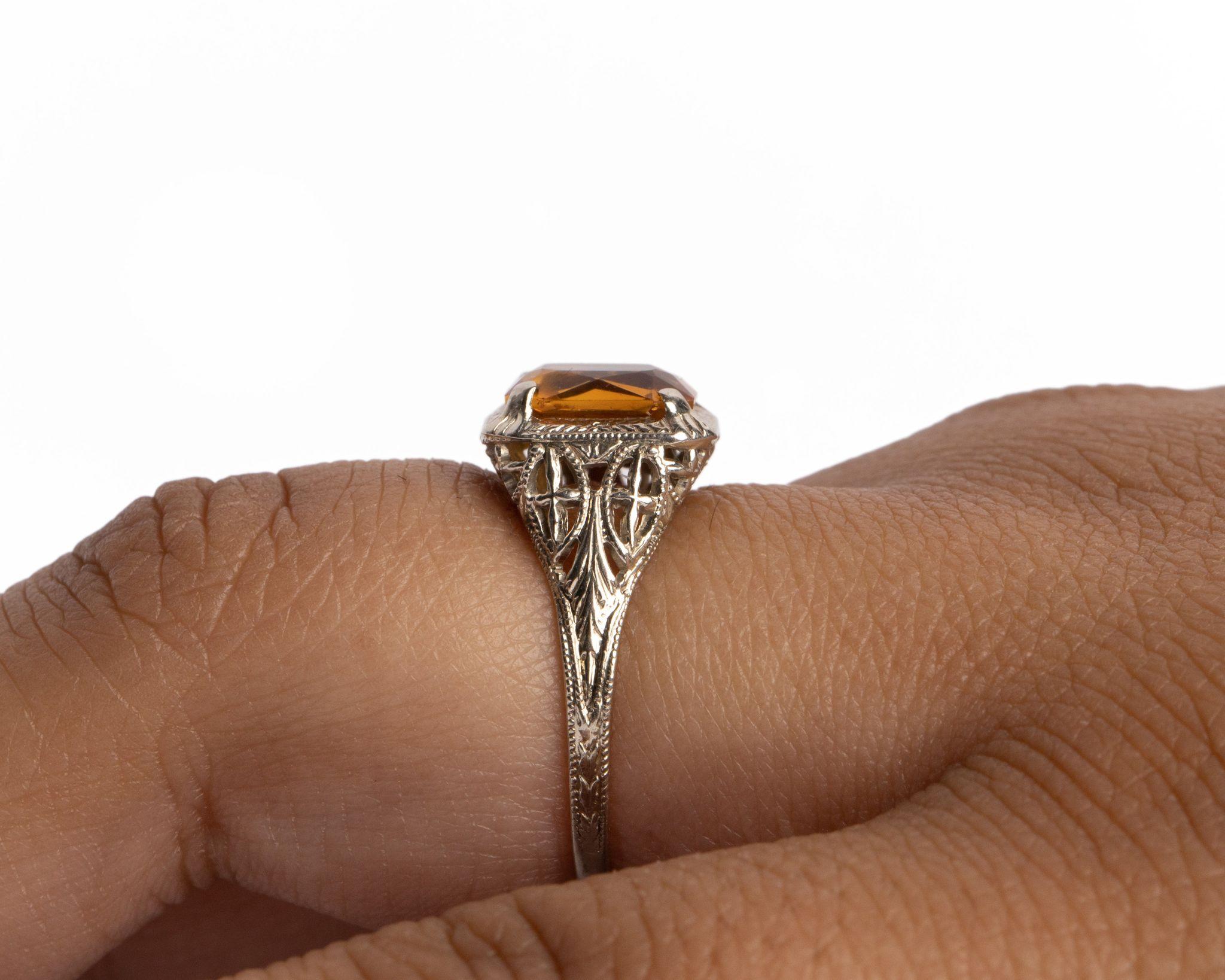 Art Deco Citrine Radiant Cut Gemstone White Gold Filigree Ring 2