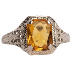 Vintage Art Deco Citrine Radiant Cut Gemstone White Gold Filigree Ring