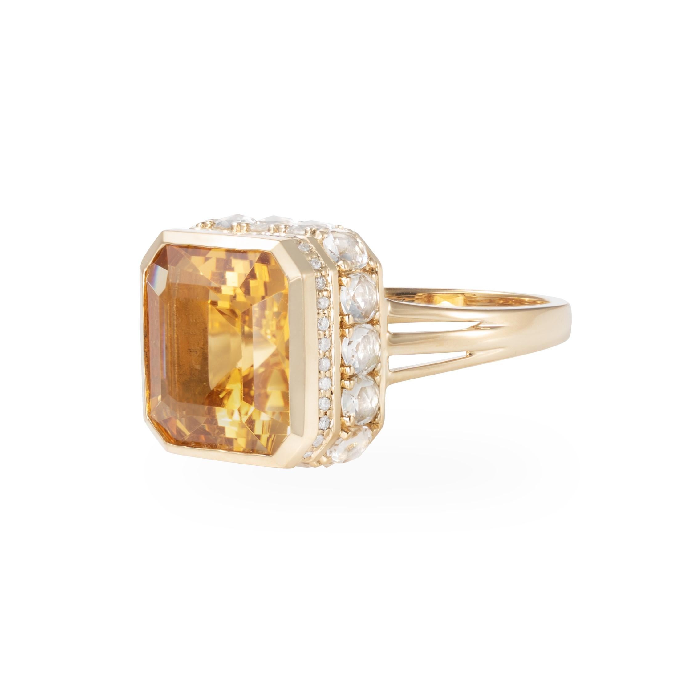 Octagon Cut Art Deco Citrine Ring with White Topaz & Diamond in 18 Karat Yellow Gold For Sale