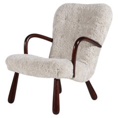 Art Deco Clam Easy Chair Dark Stained Wood New Sheepskin 1940s Skive Møbelfabrik